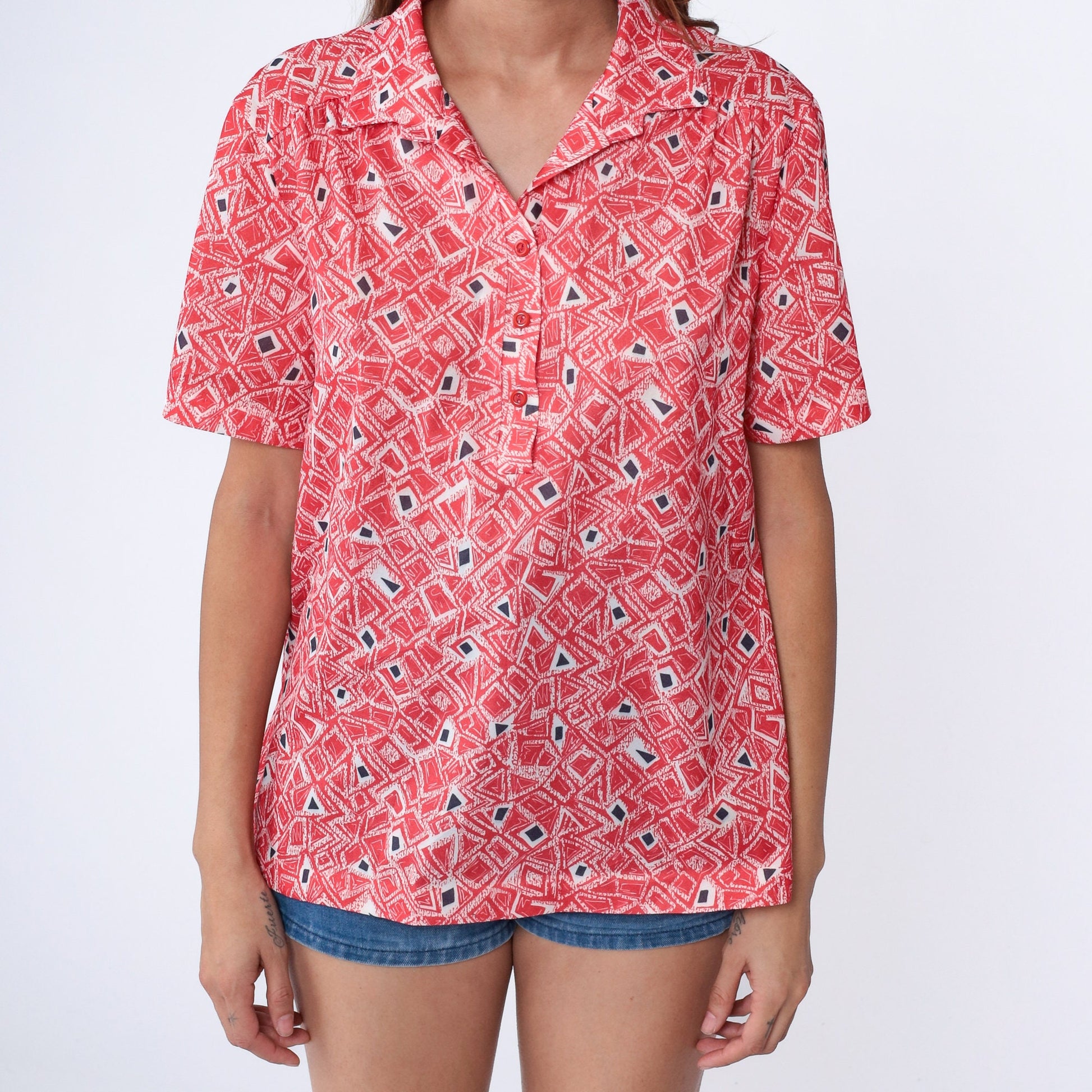 70s Geometric Print Collared Blouse Red White Psychedelic Shirt Extra Large
