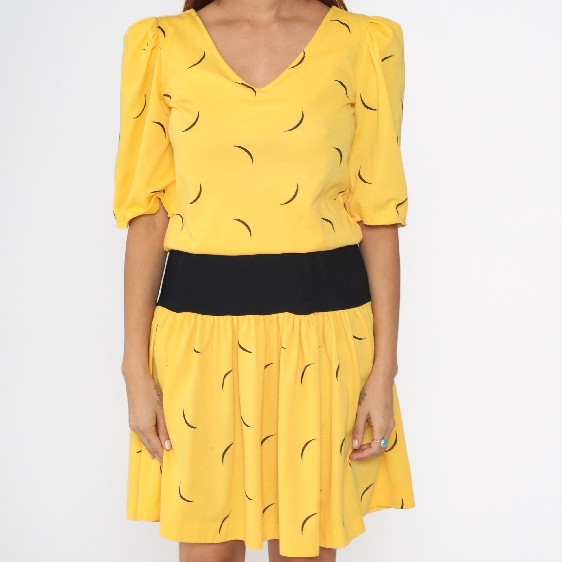 80s Yellow Black Abstract Line Print Mini Dress Tie Waist Small
