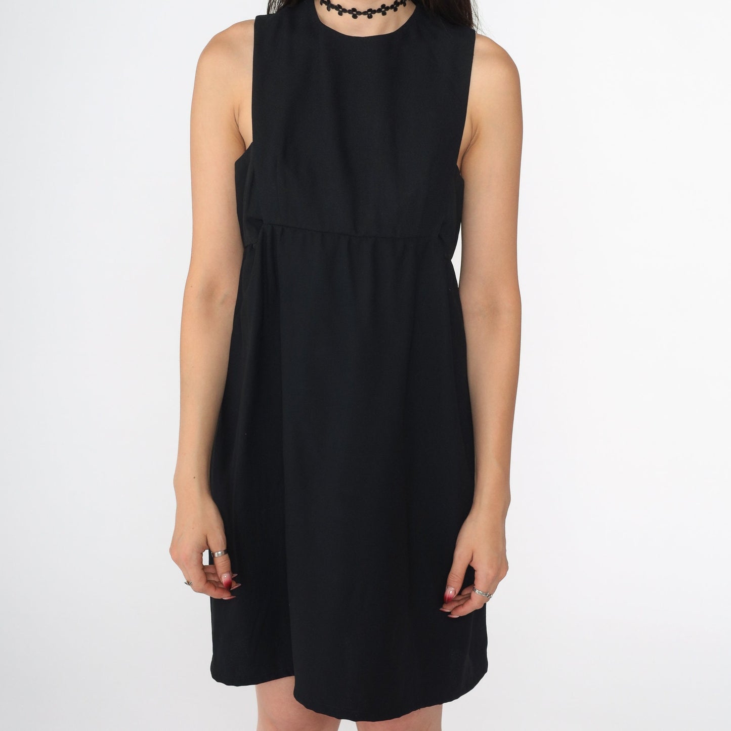 60s Black Mini Shift Dress Keyhole Back Empire Waist Sleeveless Small