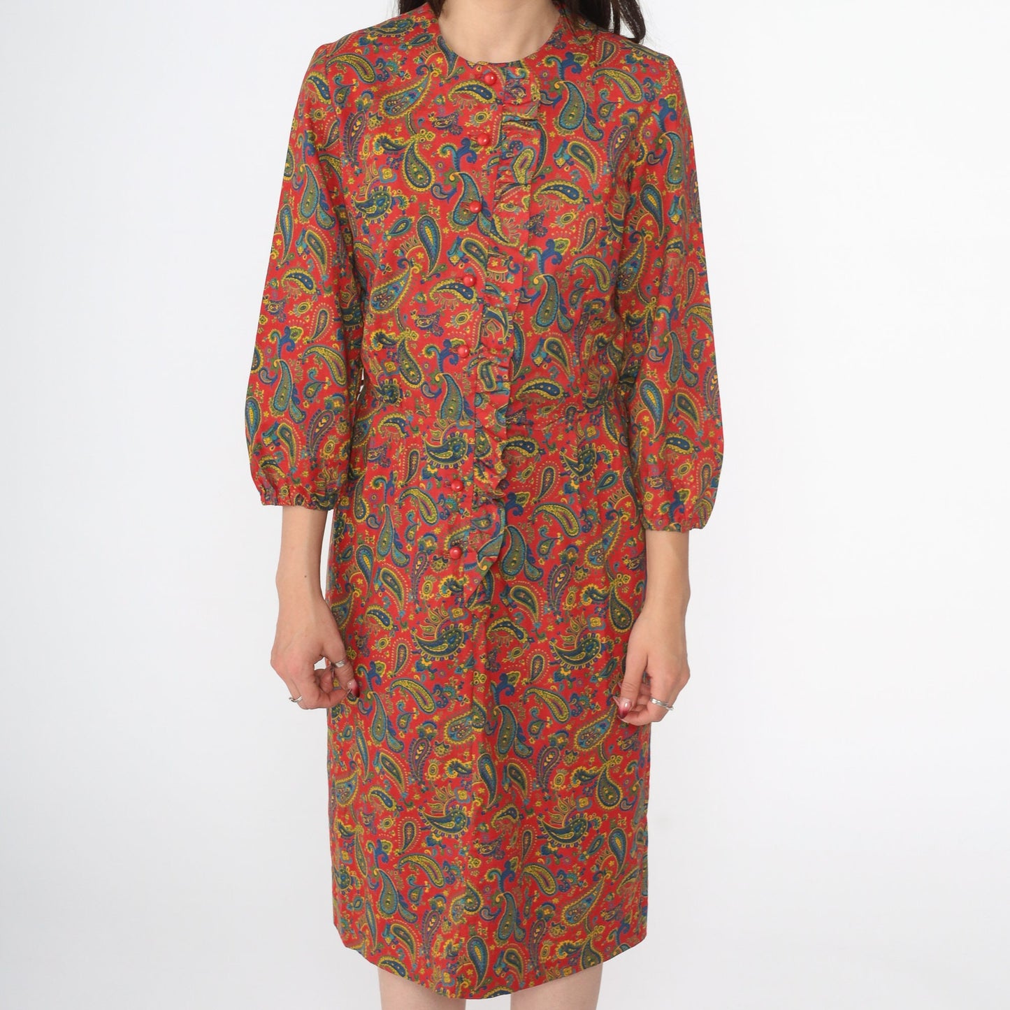 60s Paisley Button-Up Midi Dress Red Ruffle Front High Waist Small