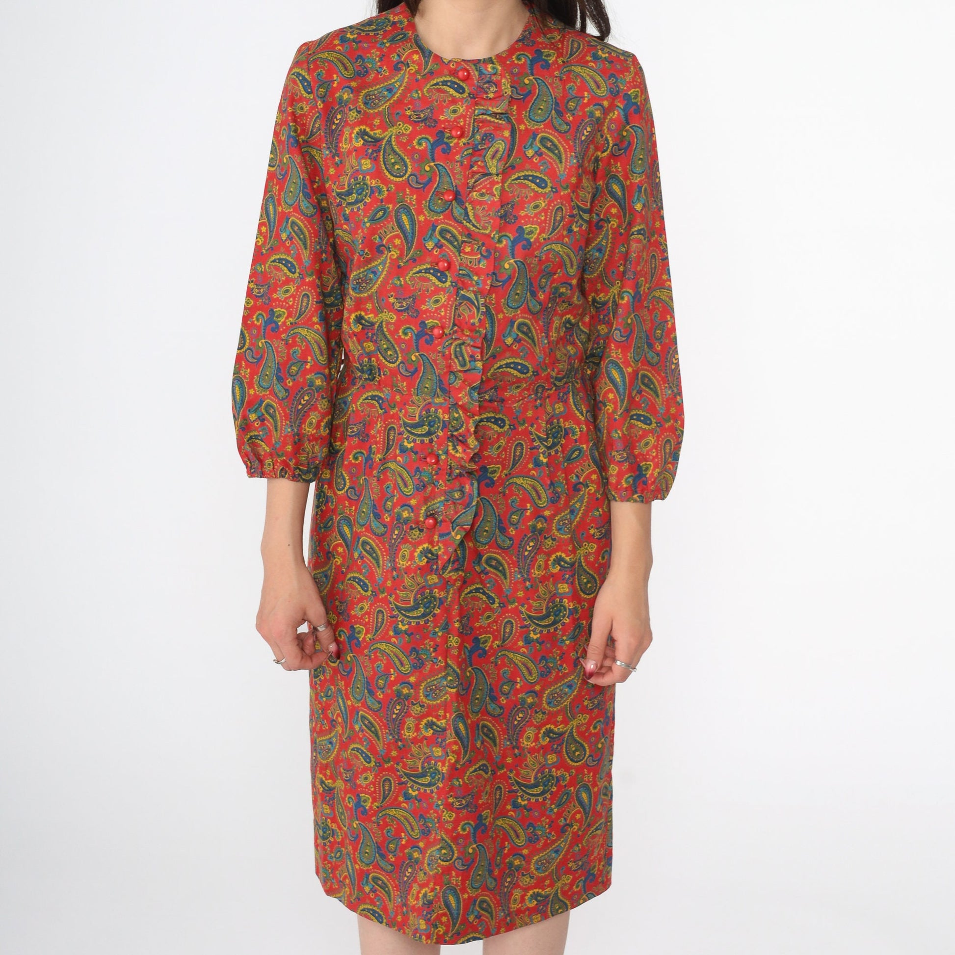 60s Paisley Button-Up Midi Dress Red Ruffle Front High Waist Small
