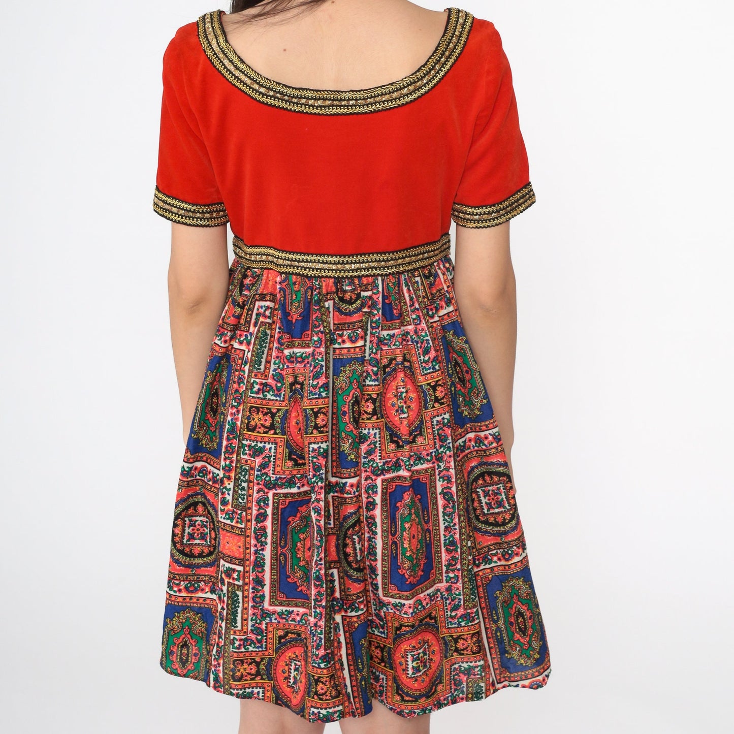 60s Velvet Mini Dress Orange Gold Trim Psychedelic Medallion Empire Waist Small