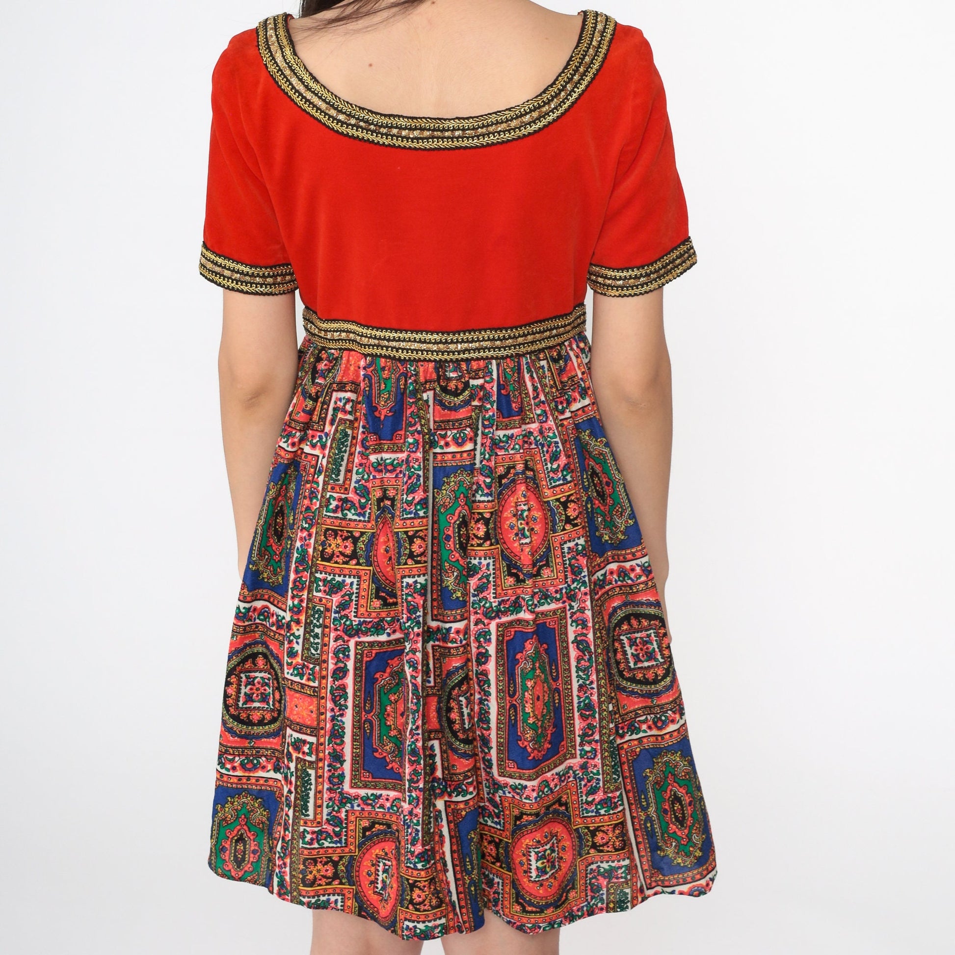 60s Velvet Mini Dress Orange Gold Trim Psychedelic Medallion Empire Waist Small