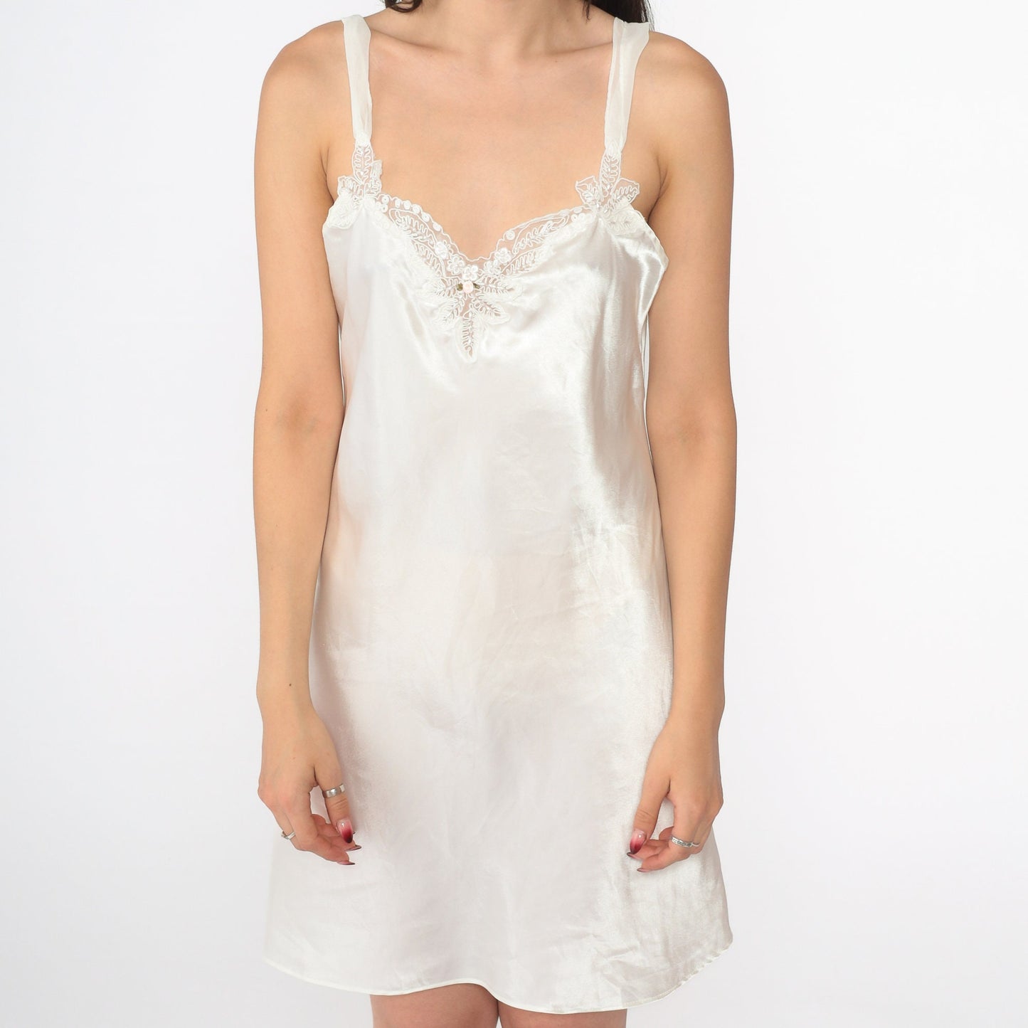 90s White Satin Slip Dress Pearl Beaded Mesh Trim Mini Nightgown Medium