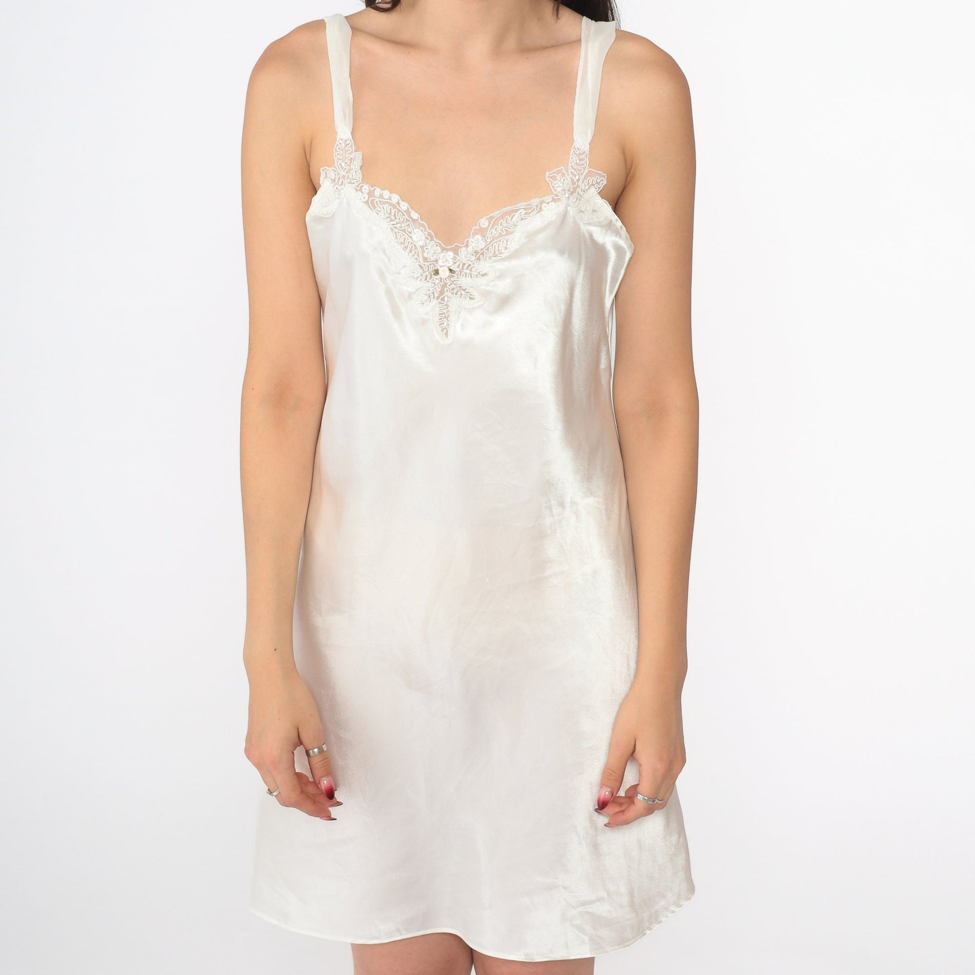 90s White Satin Slip Dress Pearl Beaded Mesh Trim Mini Nightgown Medium