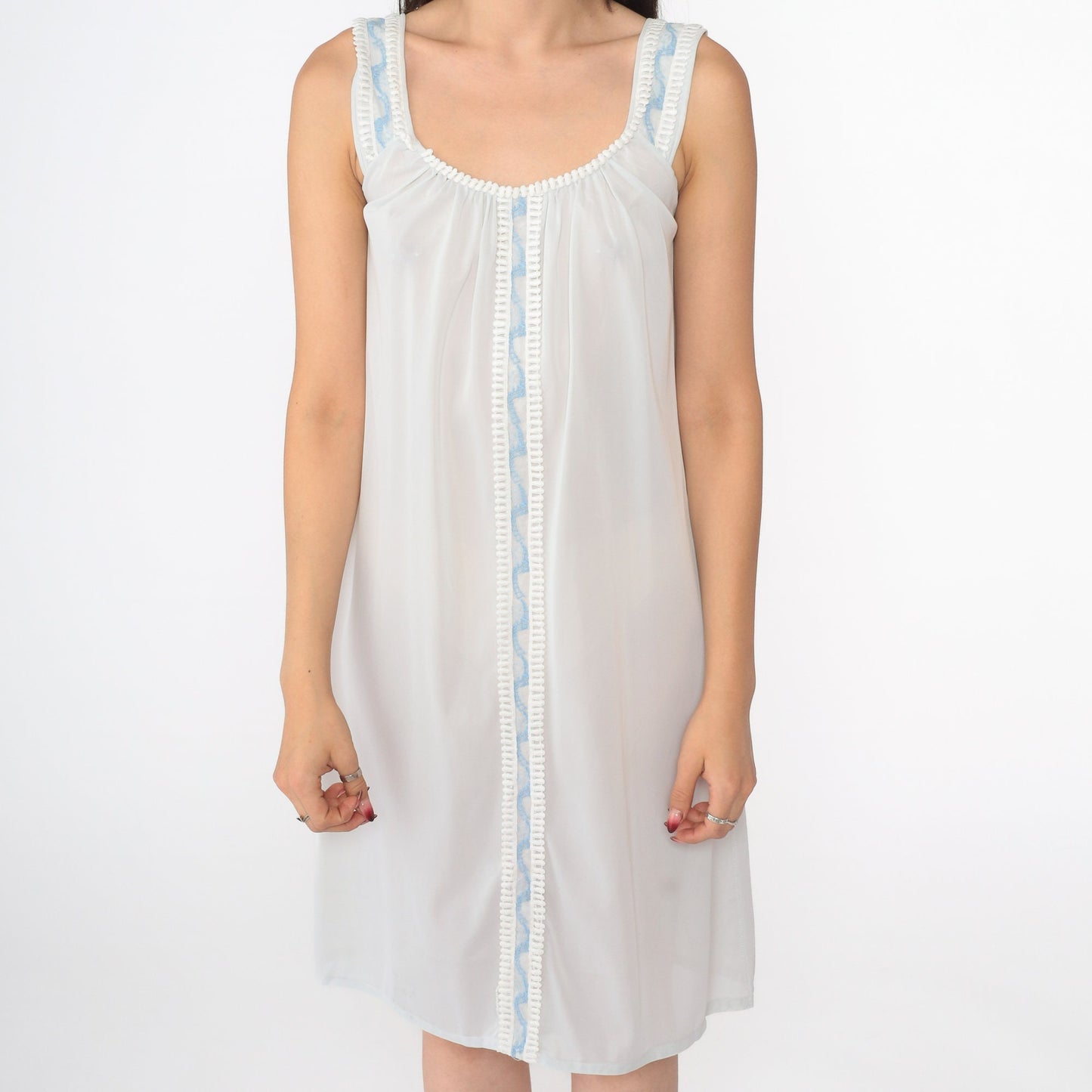 70s Baby Blue Nylon Nightgown Lace Embroidered Mini Slip Sleeveless Small