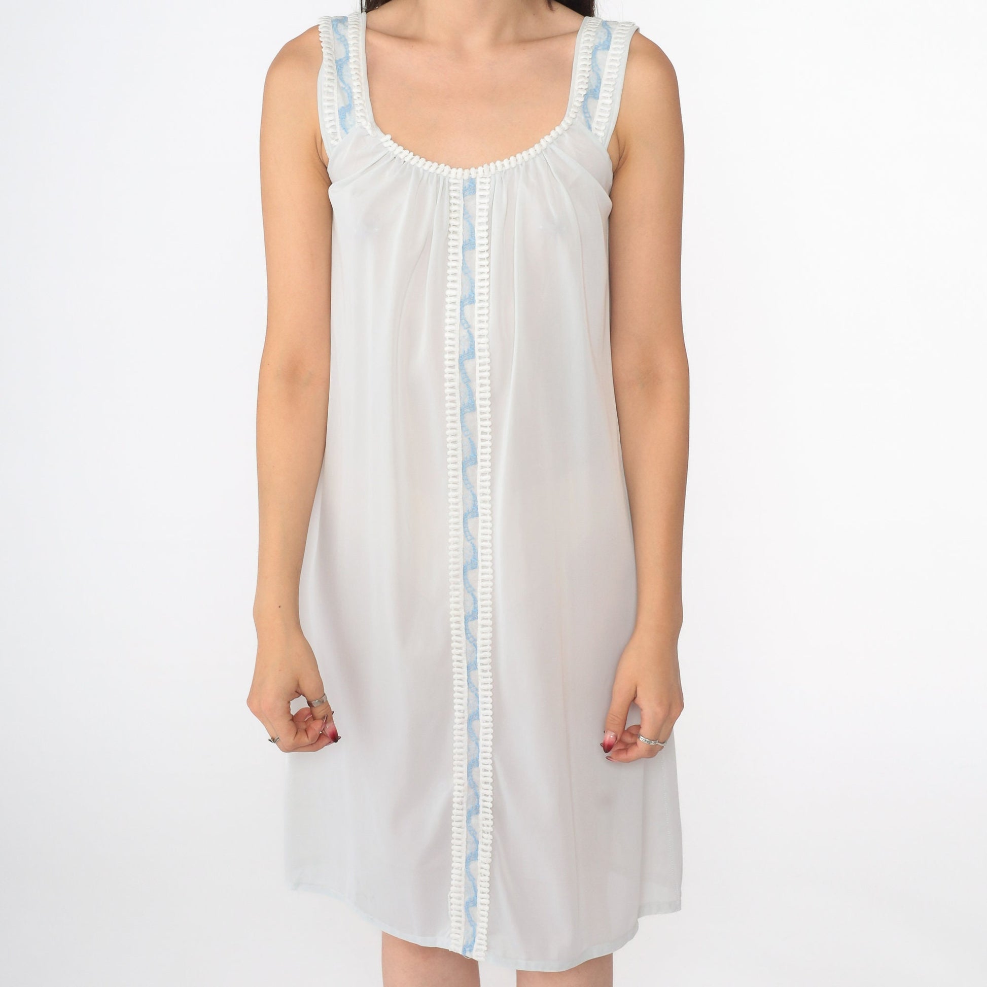 70s Baby Blue Nylon Nightgown Lace Embroidered Mini Slip Sleeveless Small