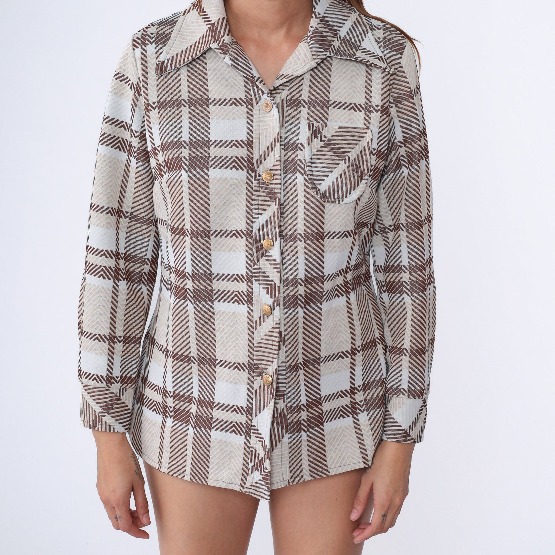 70s Checkered Brown Button-Up Shirt Dagger Collar Long Sleeve Blouse Medium Large