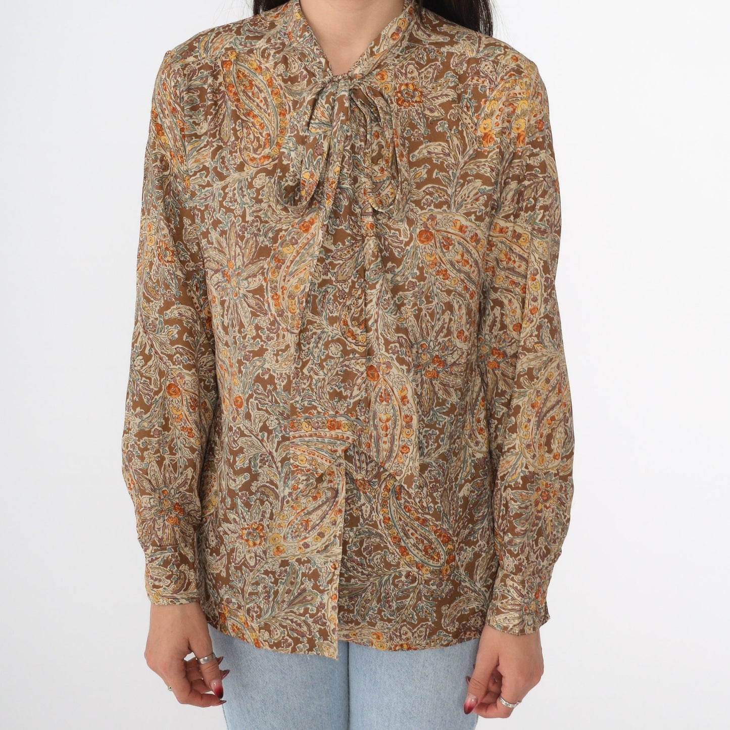 70s Floral Paisley Ascot Blouse Button-Up Long Sleeve Brown Small