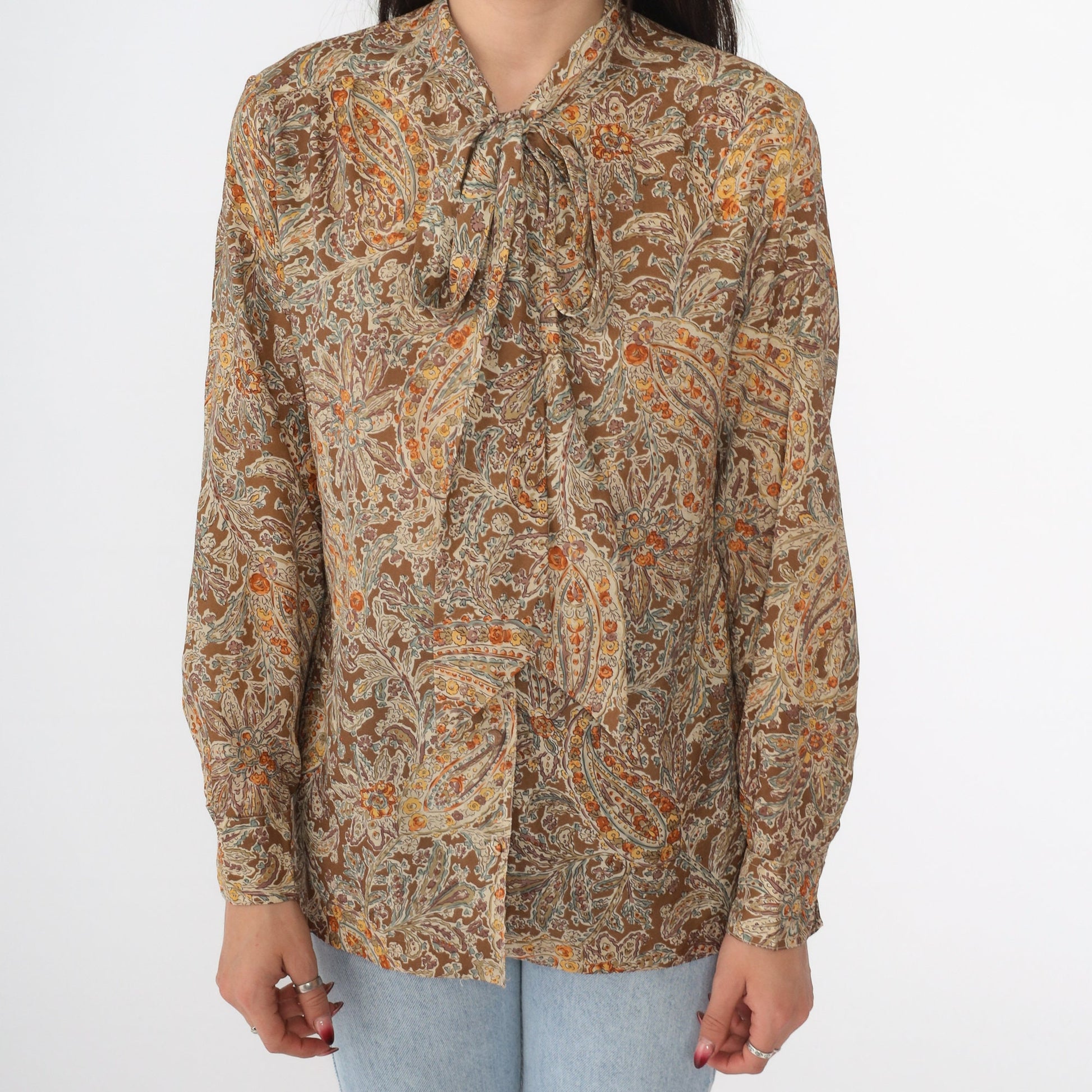 70s Floral Paisley Ascot Blouse Button-Up Long Sleeve Brown Small