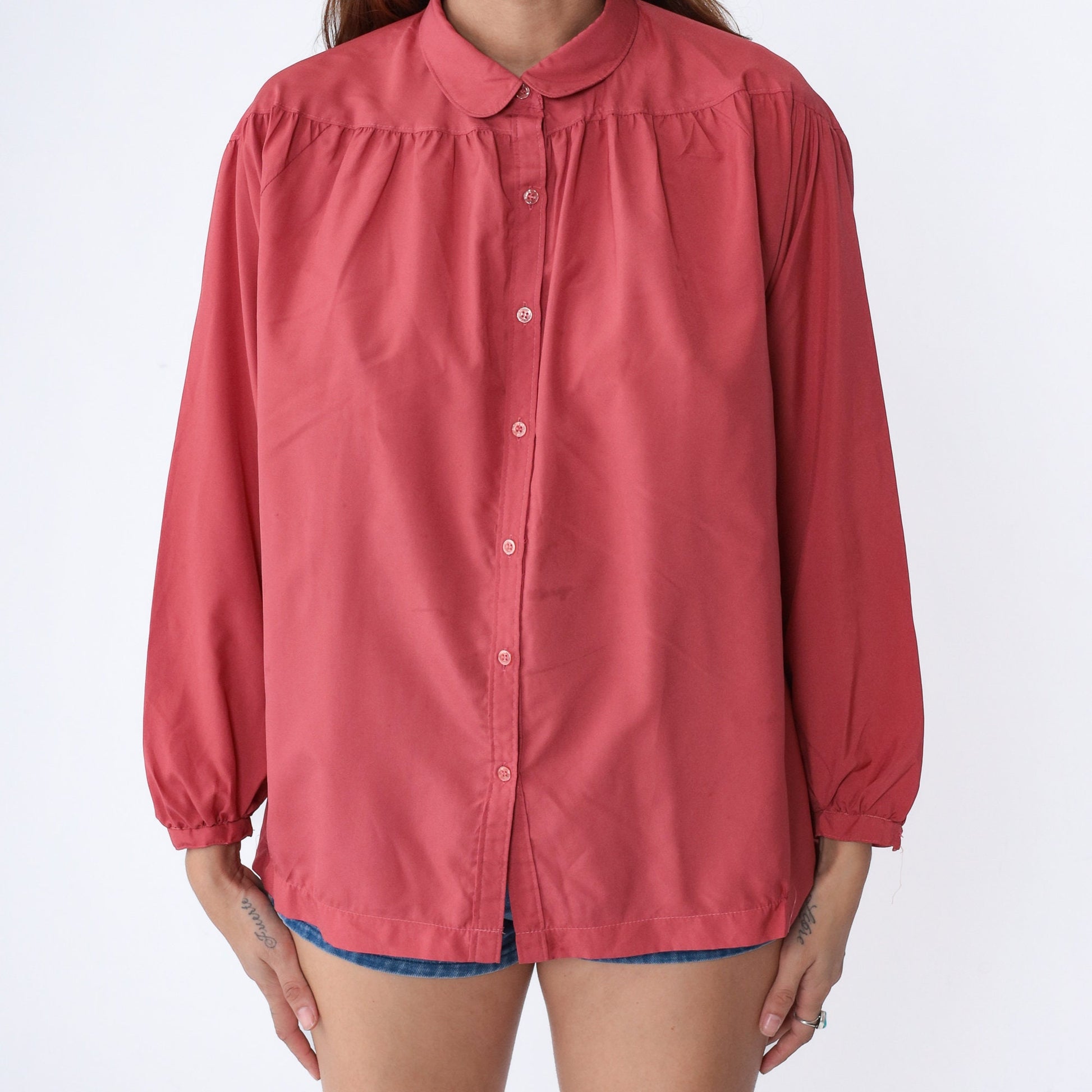 70s Dark Coral Pink Button-Up Blouse Peter Pan Collar Long Sleeve Medium