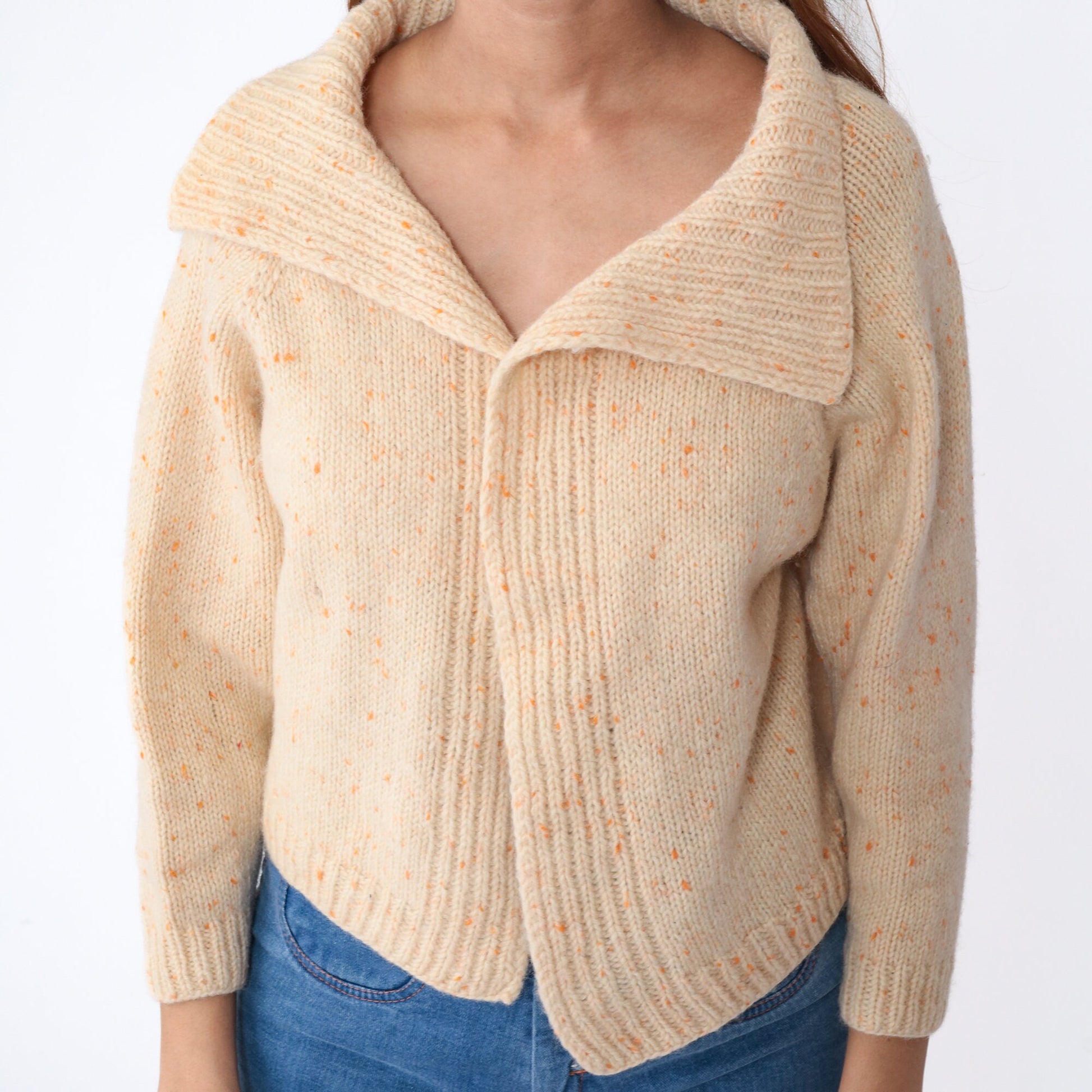 70s Cream Cardigan Orange Flecked Wool Blend Collared Sweater Small S