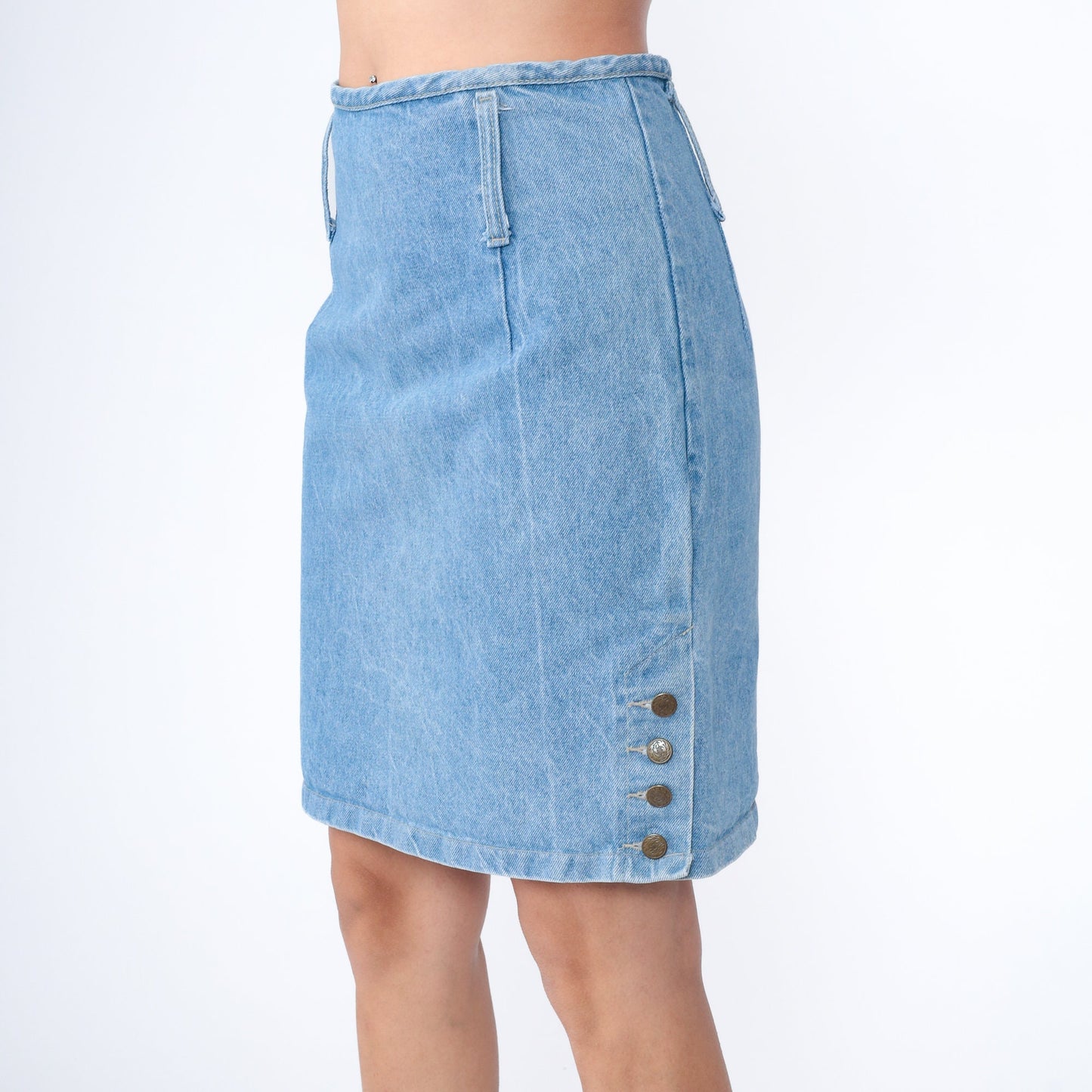 90s Blue Denim Mini Skirt High Waist Pencil Cut Side Button Medium