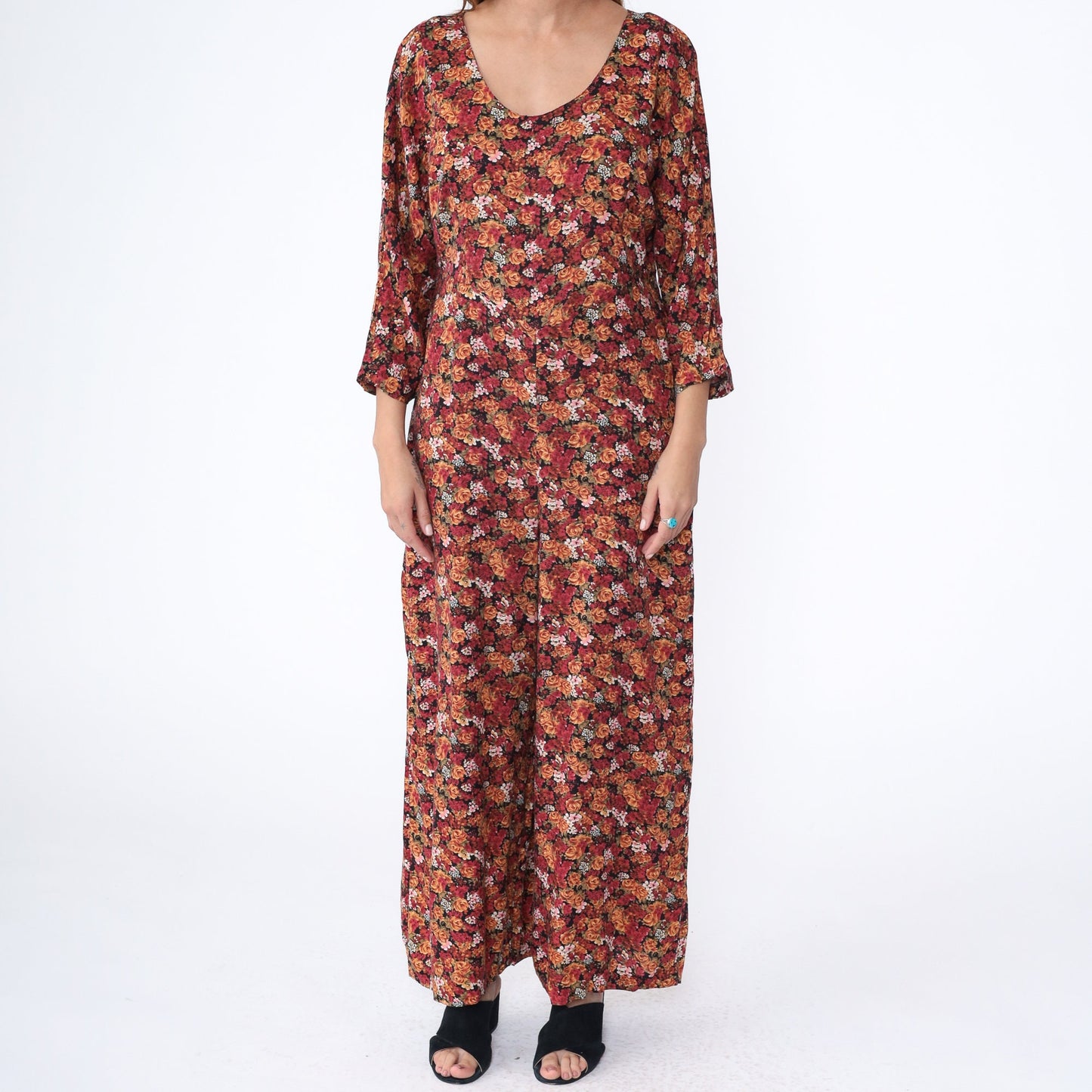 90s Red Orange Floral Rayon Jumpsuit Wide Leg Scoop Neck Medium
