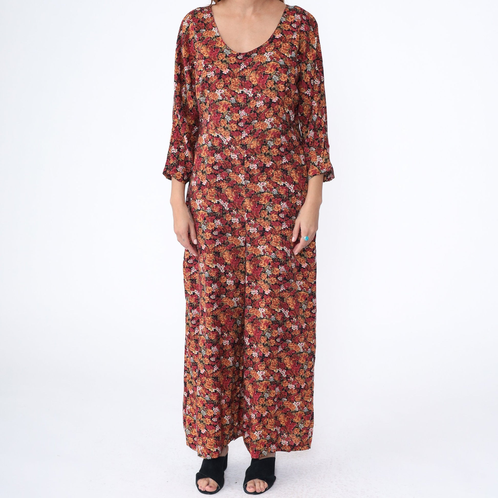 90s Red Orange Floral Rayon Jumpsuit Wide Leg Scoop Neck Medium