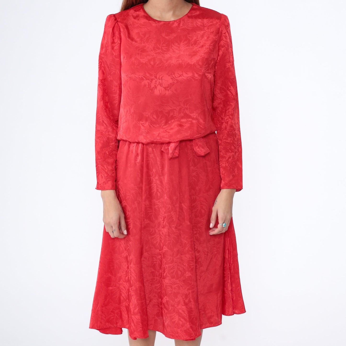 80s Red Embossed Leaf Midi Dress Puff Sleeve Blouson Waist Medium M