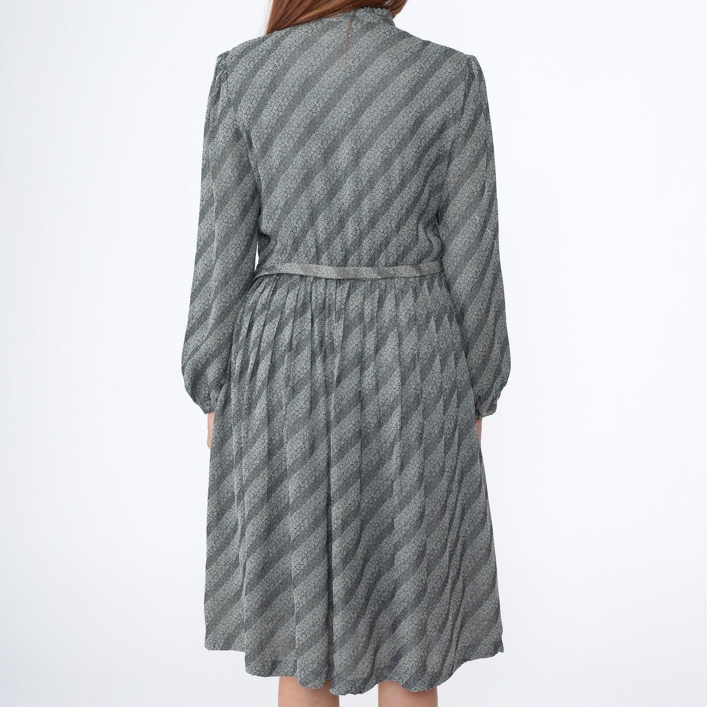 80s Floral Striped Midi Dress Grey White Puff Sleeve Button Up Medium