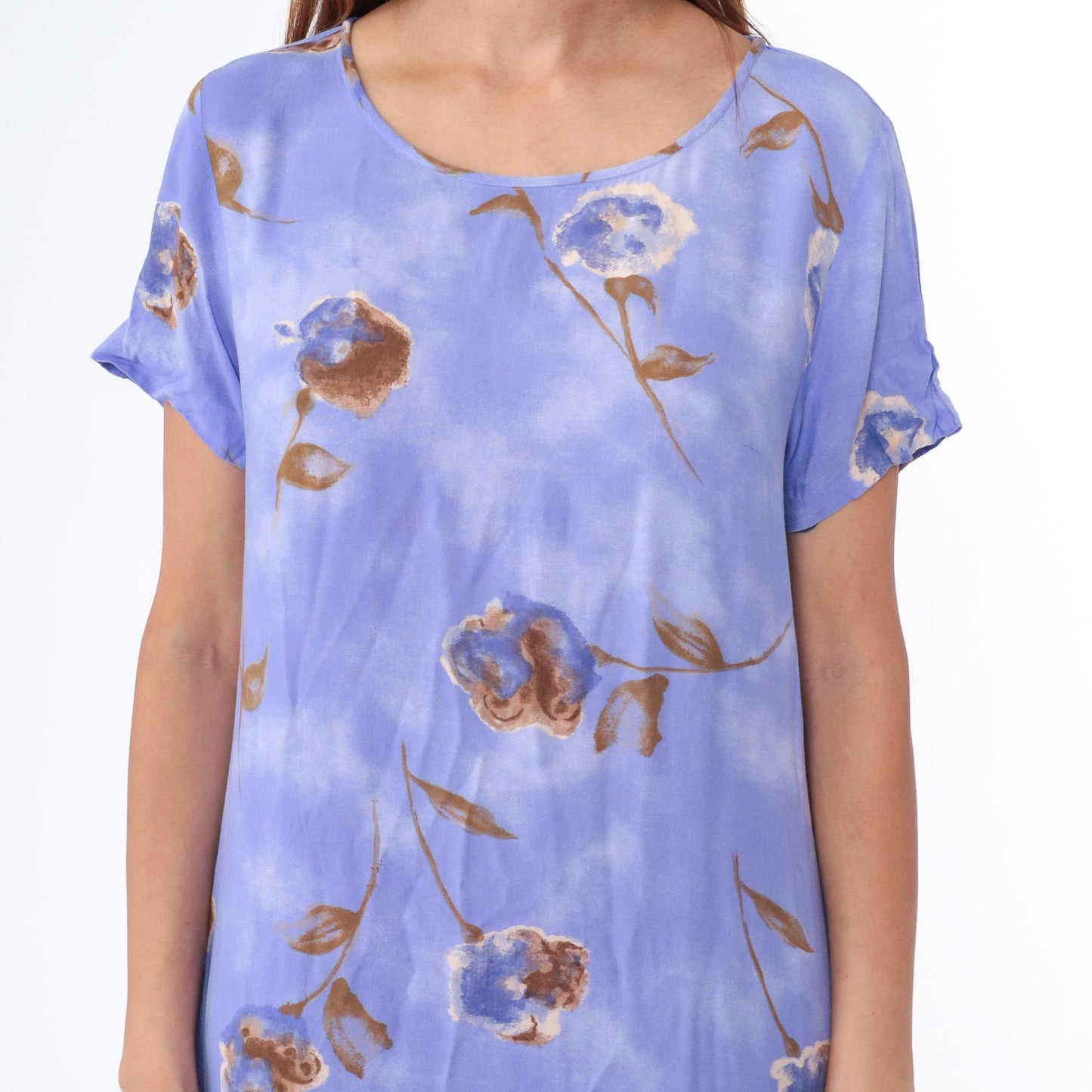 90s Floral Midi Shift Dress Purple Rayon Short Sleeve Scoop Neck Small