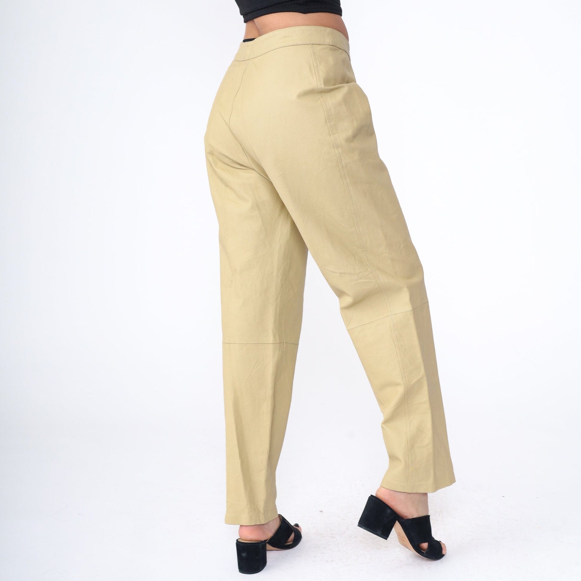 80s Bagatelle Leather Pants High Waist Straight Leg Beige Large