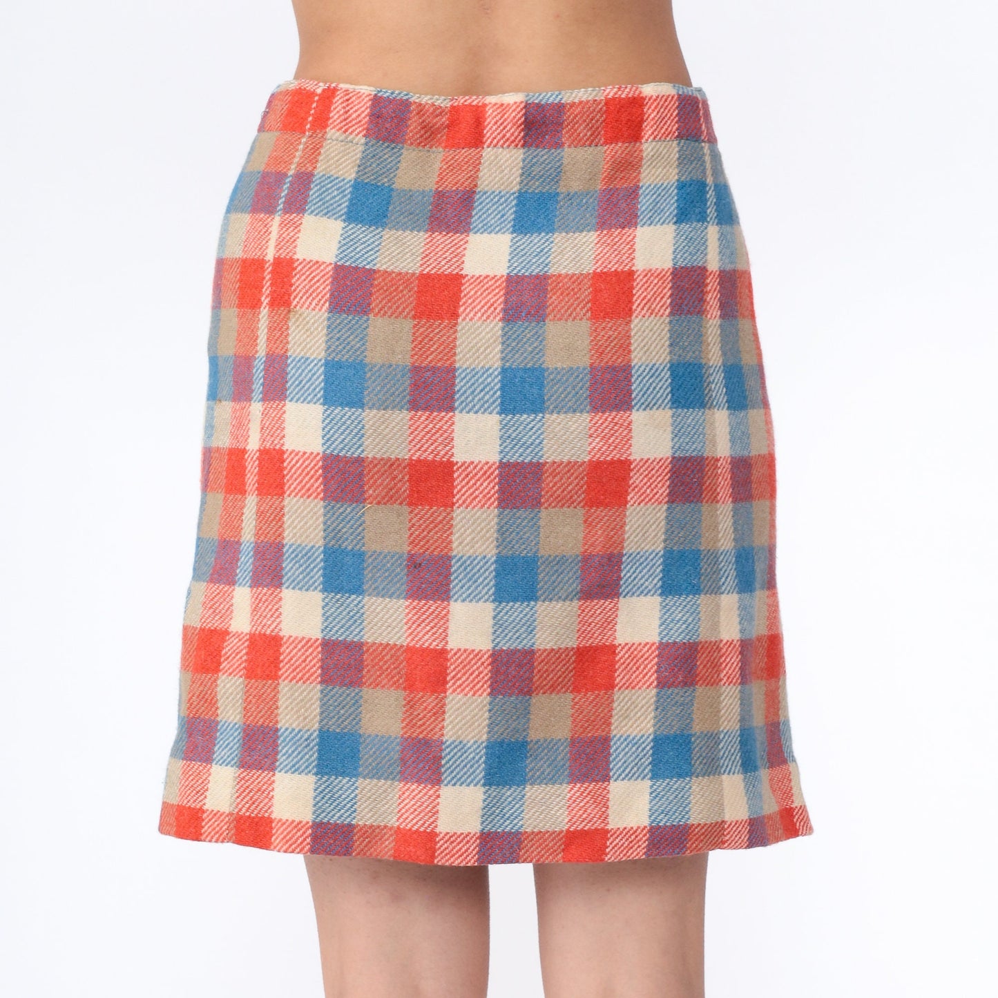 70s Bobbie Brooks Checkered Wool Mini Skirt High Waist Orange Blue Plaid Large