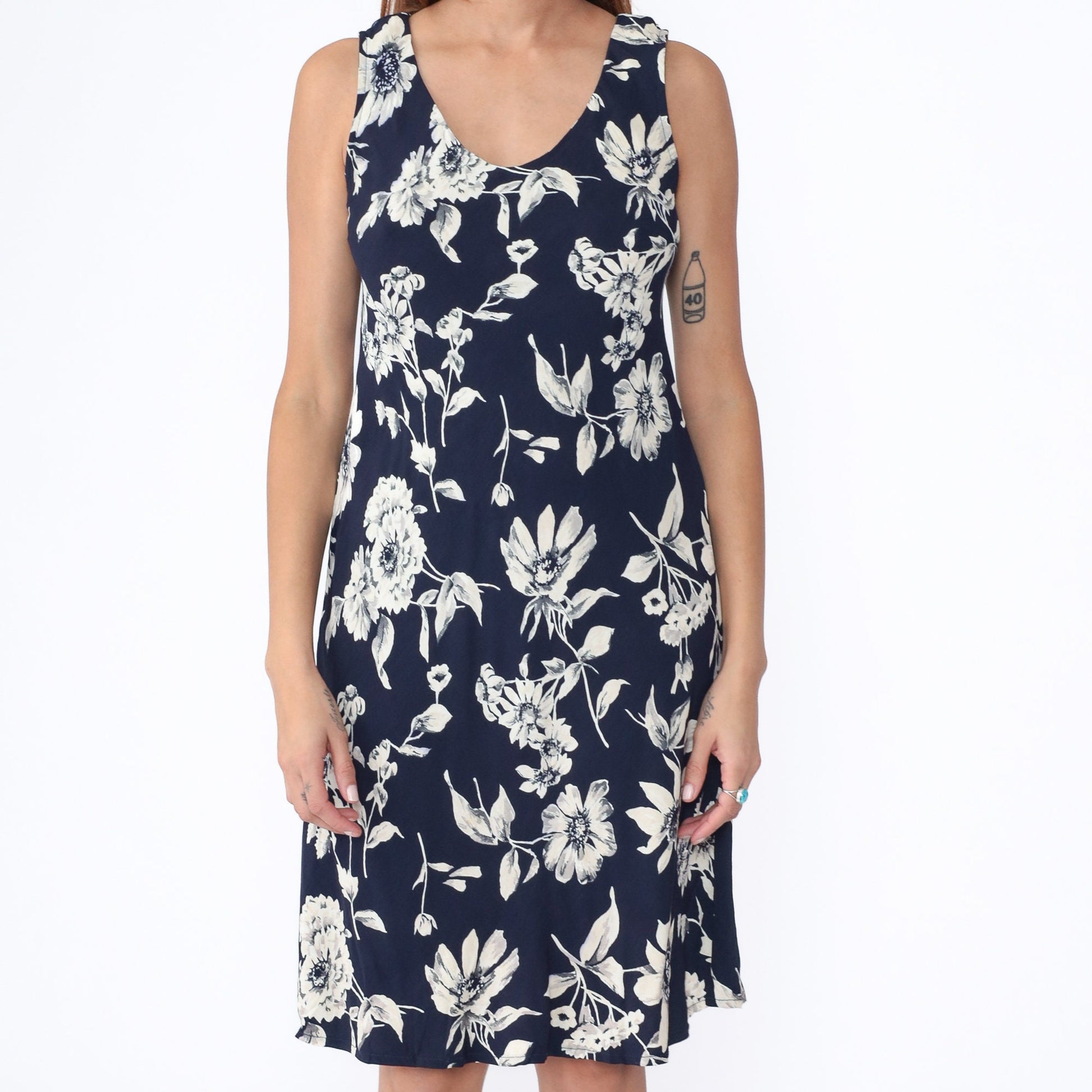 90s Navy Floral Midi Dress Sleeveless Shift Sundress Medium