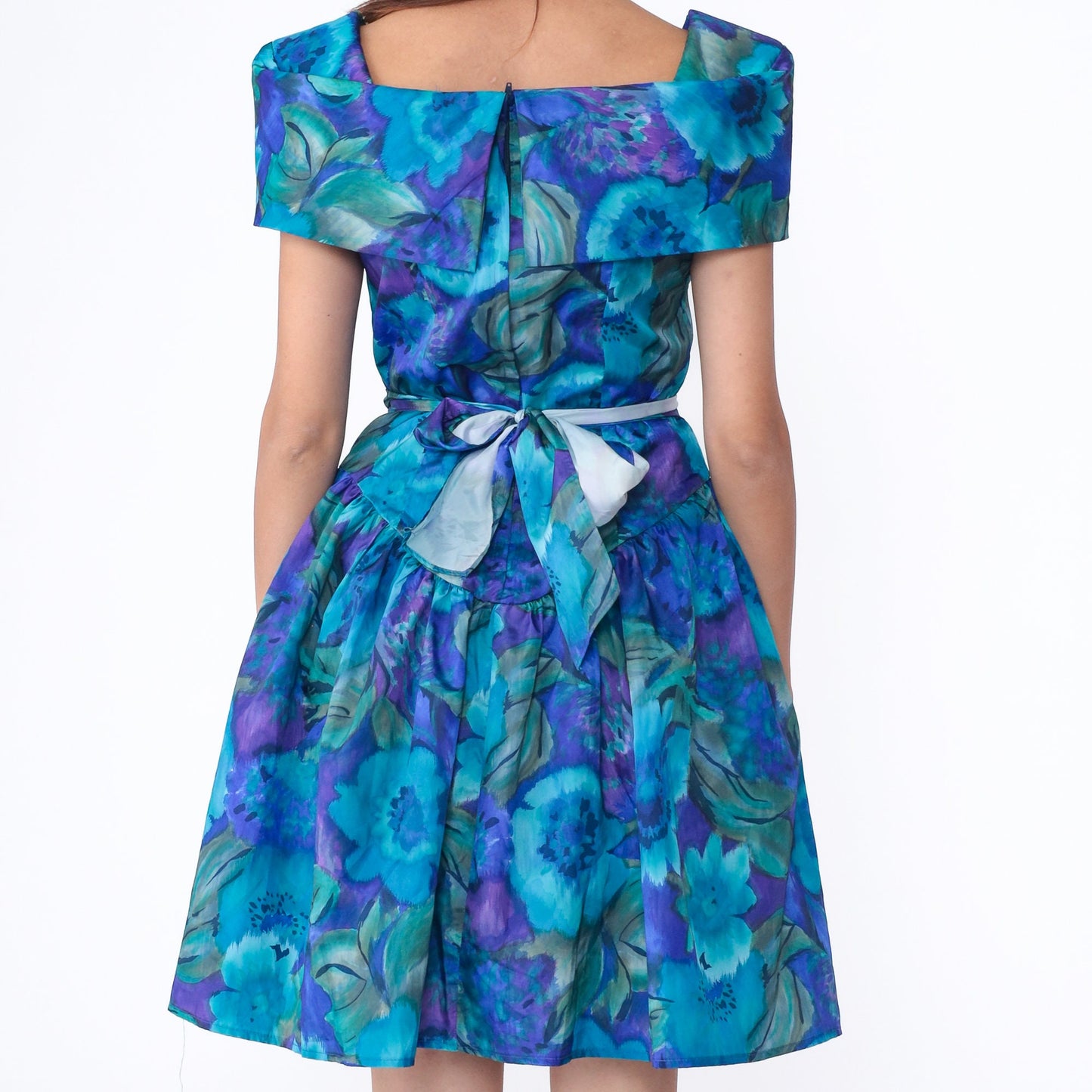 90s Blue Floral Watercolor Mini Dress Short Sleeve Drop Waist Small