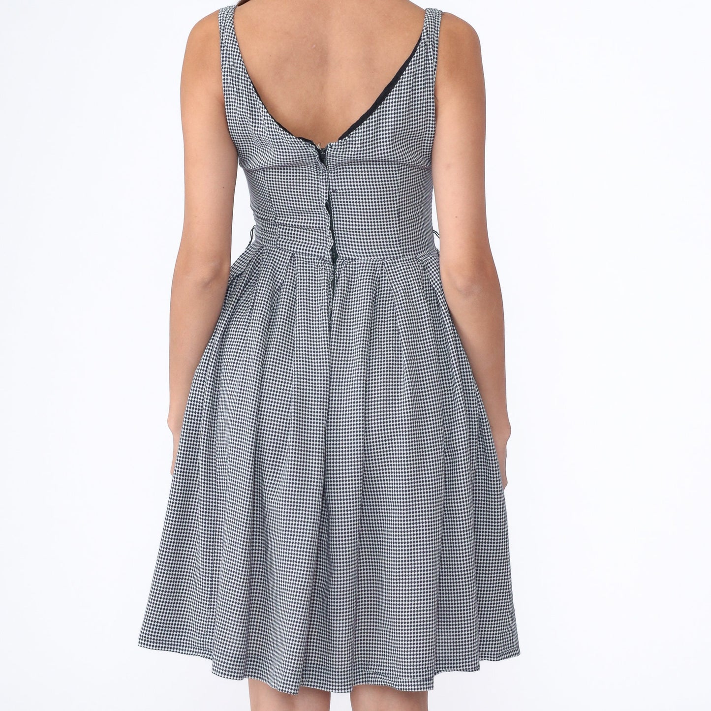 60s Navy White Checkered Mini Dress Pleated High Waist Sleeveless Small
