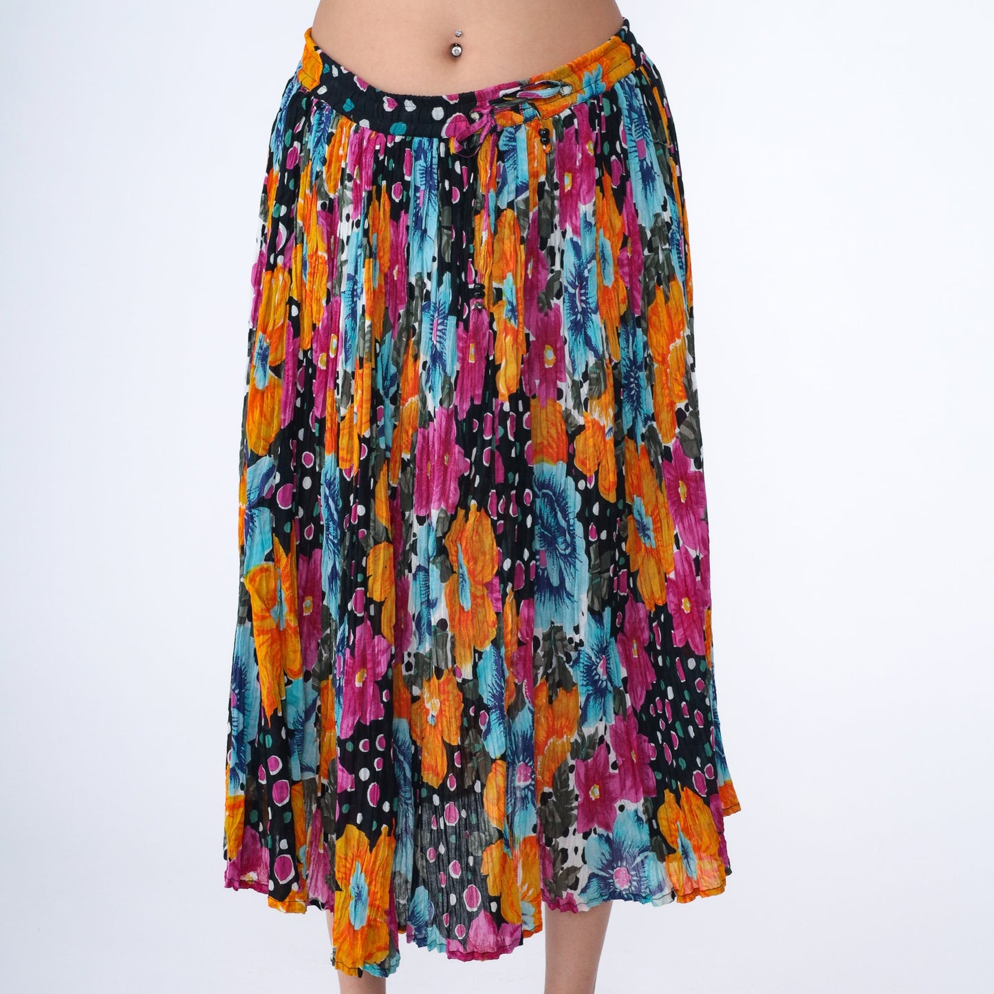 90s Floral Broomstick Skirt Drawstring Midi Cotton Orange Black Fuchsia Medium