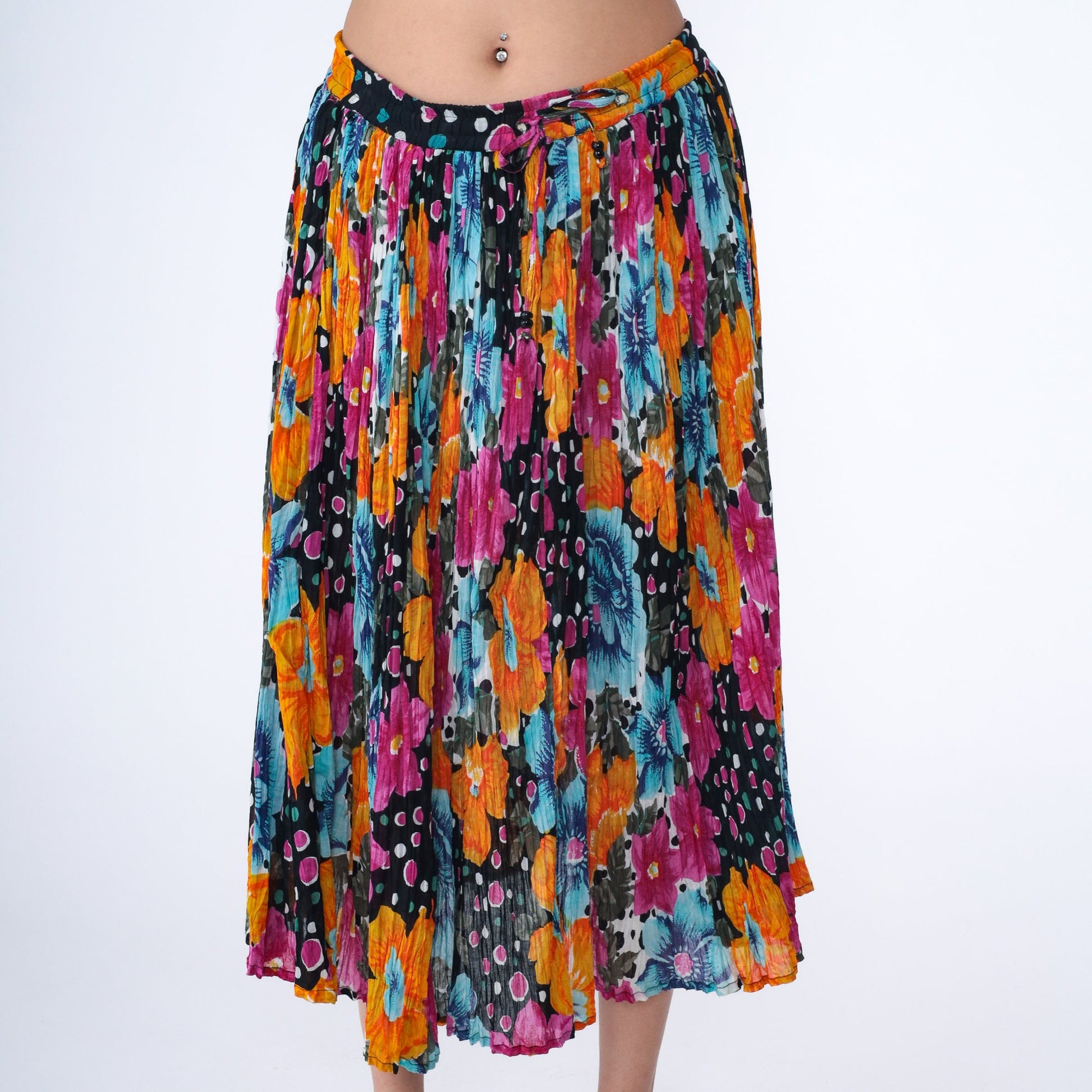 90s Floral Broomstick Skirt Drawstring Midi Cotton Orange Black Fuchsia Medium