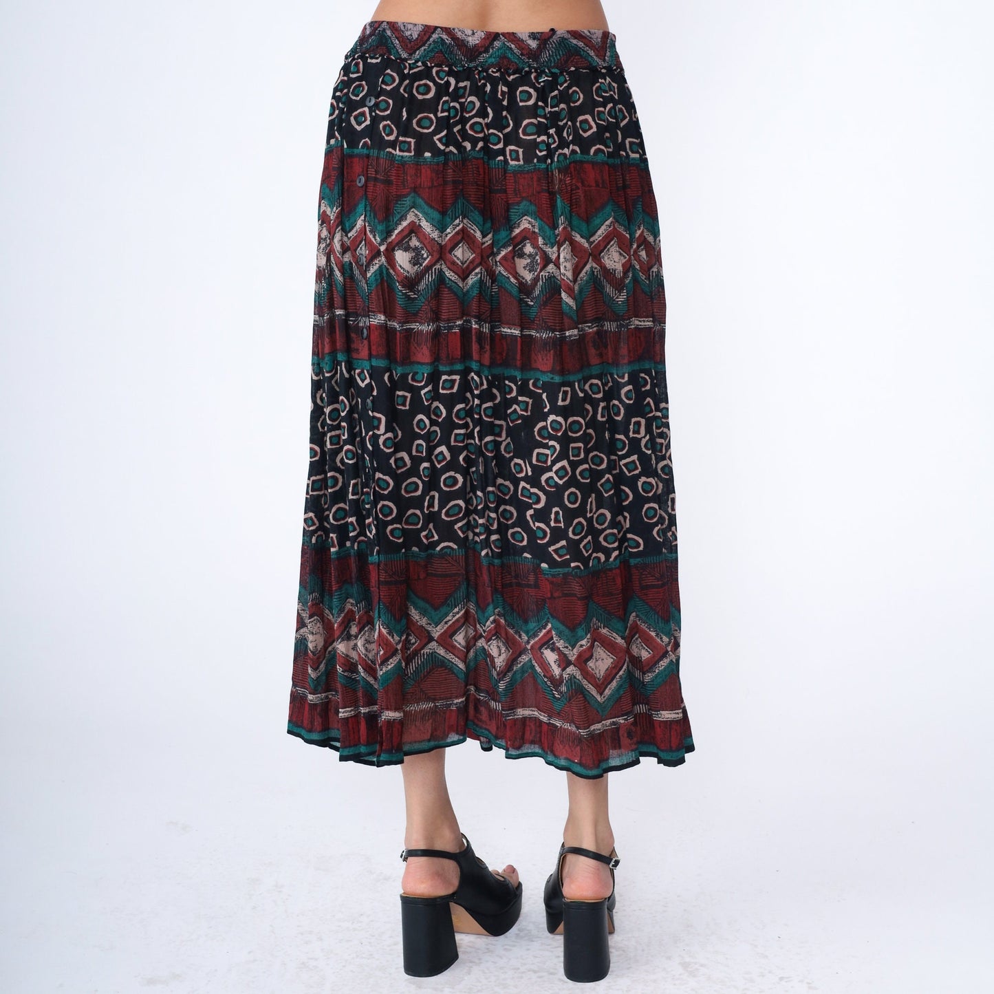 90s Geometric Broomstick Maxi Skirt Striped Red Black Green Medium Large