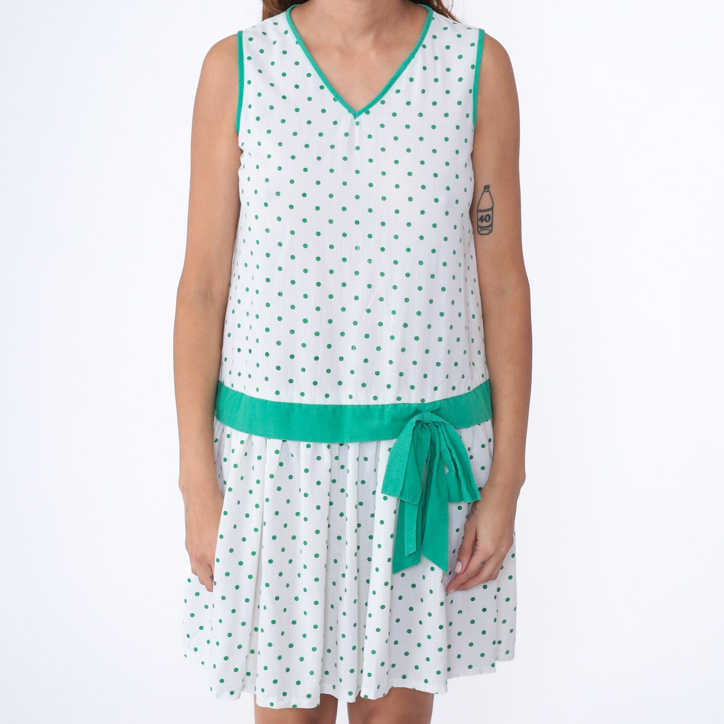 80s White Green Polka Dot Drop Waist Mini Dress V Neck Bow Small