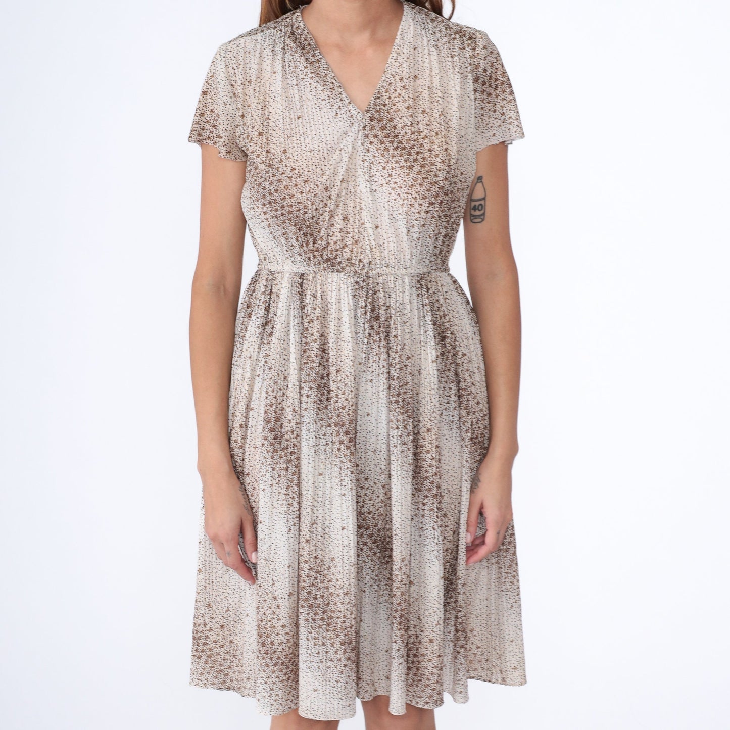 70s Striped Polka Dot Dress White V-Neck Elastic Waist Knee-Length Small