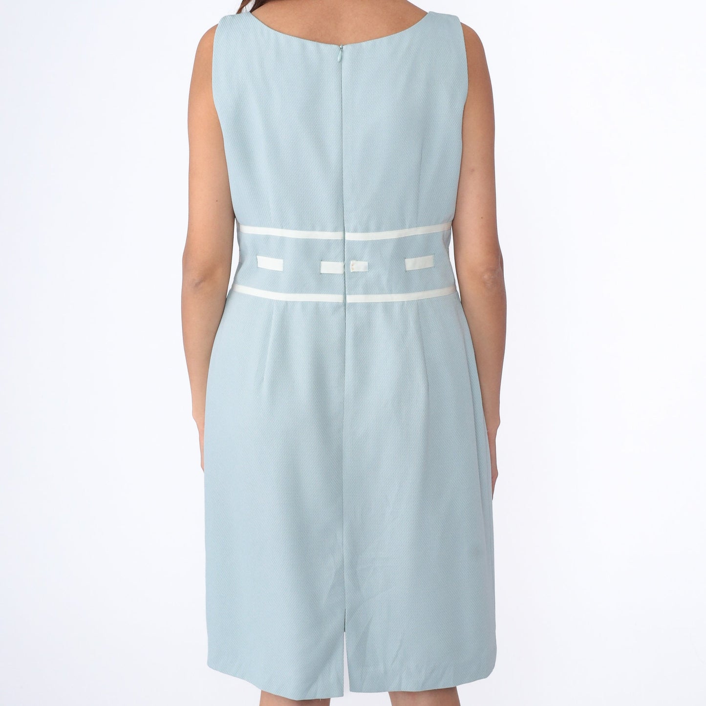 00s Ice Blue Sheath Dress Sleeveless Knee-Length Ribbon Trim Large 12