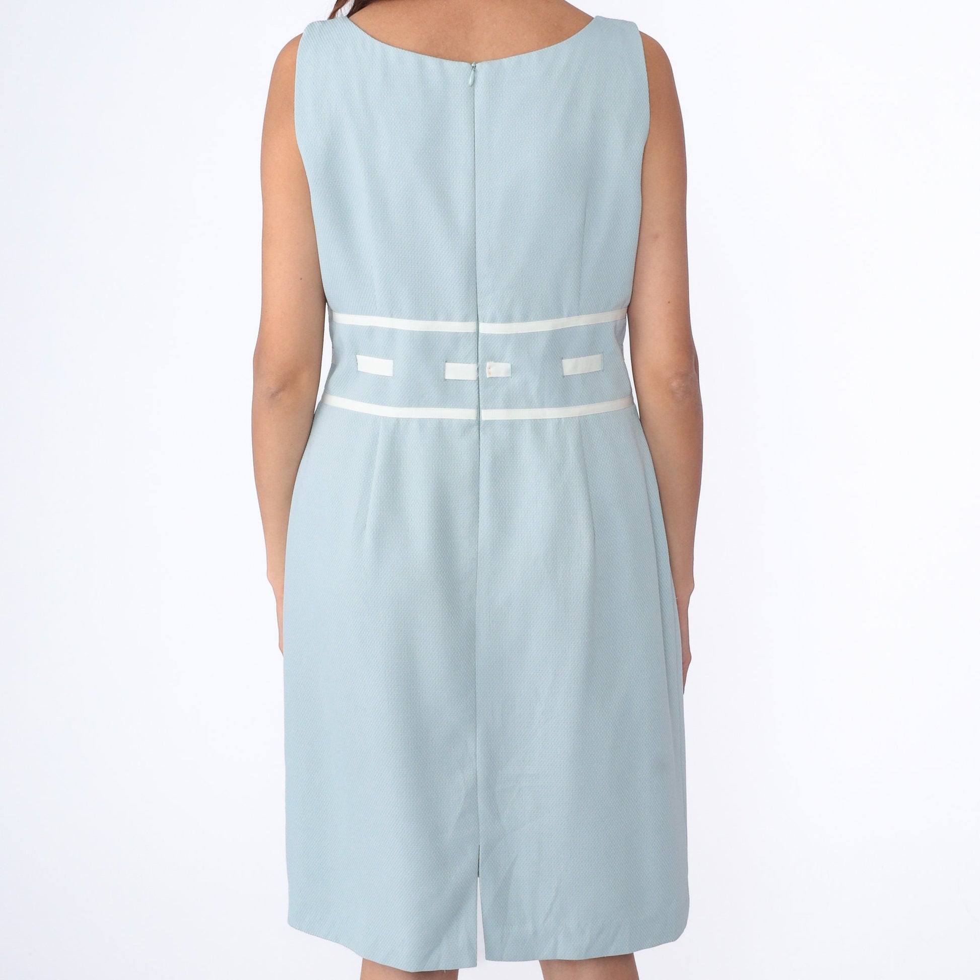 00s Ice Blue Sheath Dress Sleeveless Knee-Length Ribbon Trim Large 12