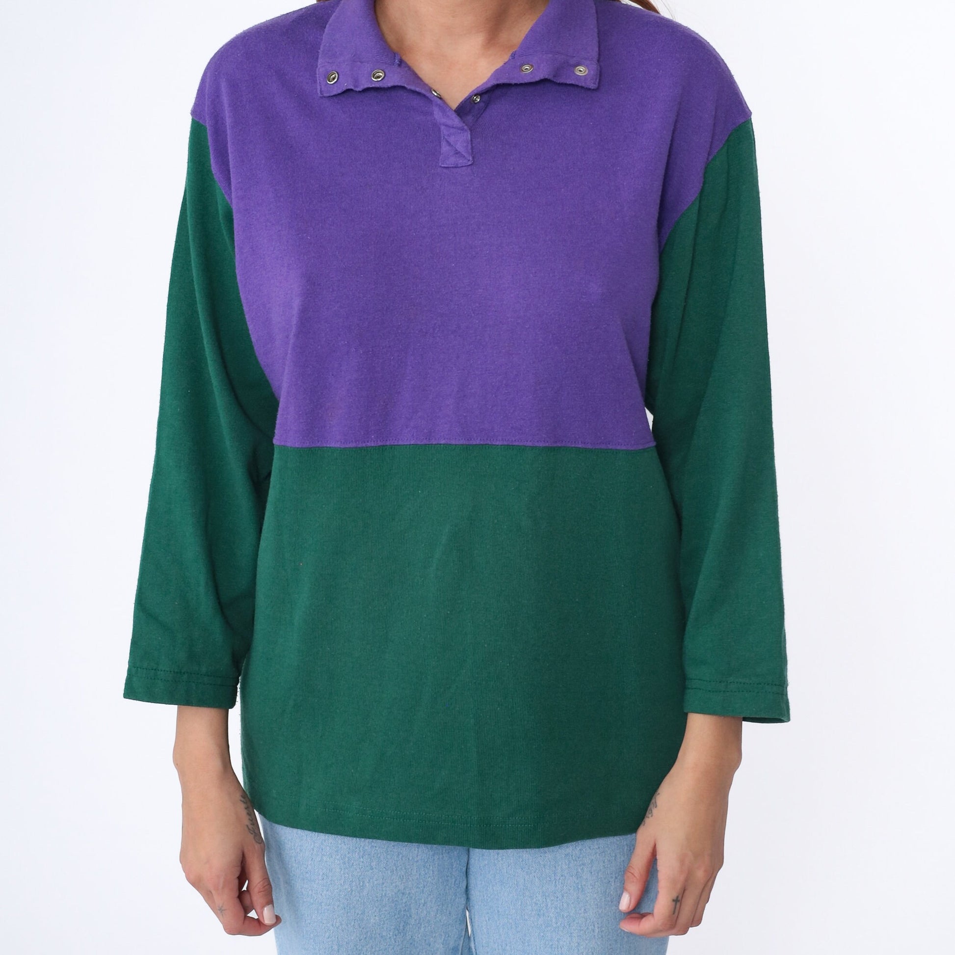 90s Color Block Henley Purple Green Snap Button Long Sleeve Shirt Medium