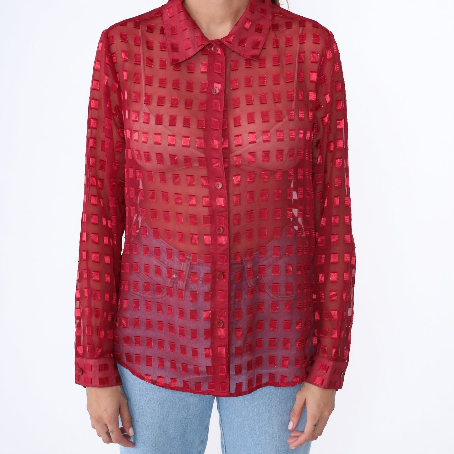 90s Red Metallic Grid Chiffon Button Up Blouse Long Sleeve Medium