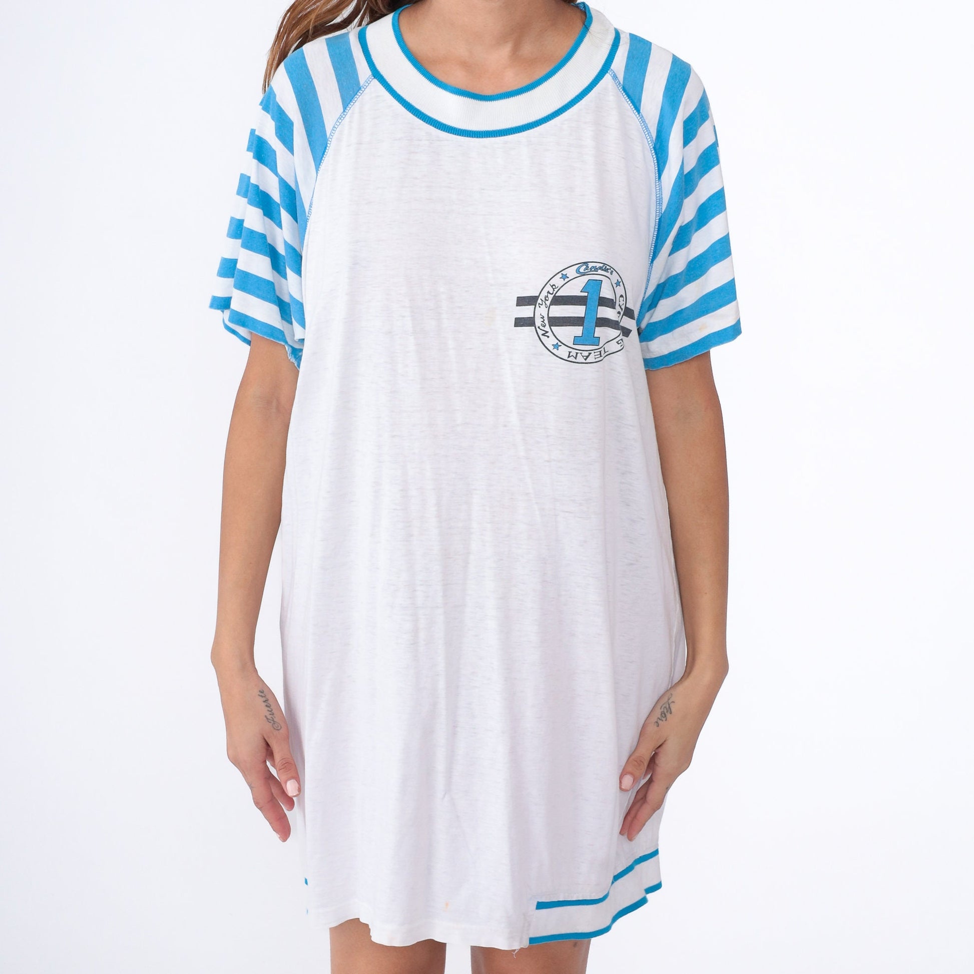 90s Candie's New York Cycling Team Pajama Dress Mini White Striped Raglan