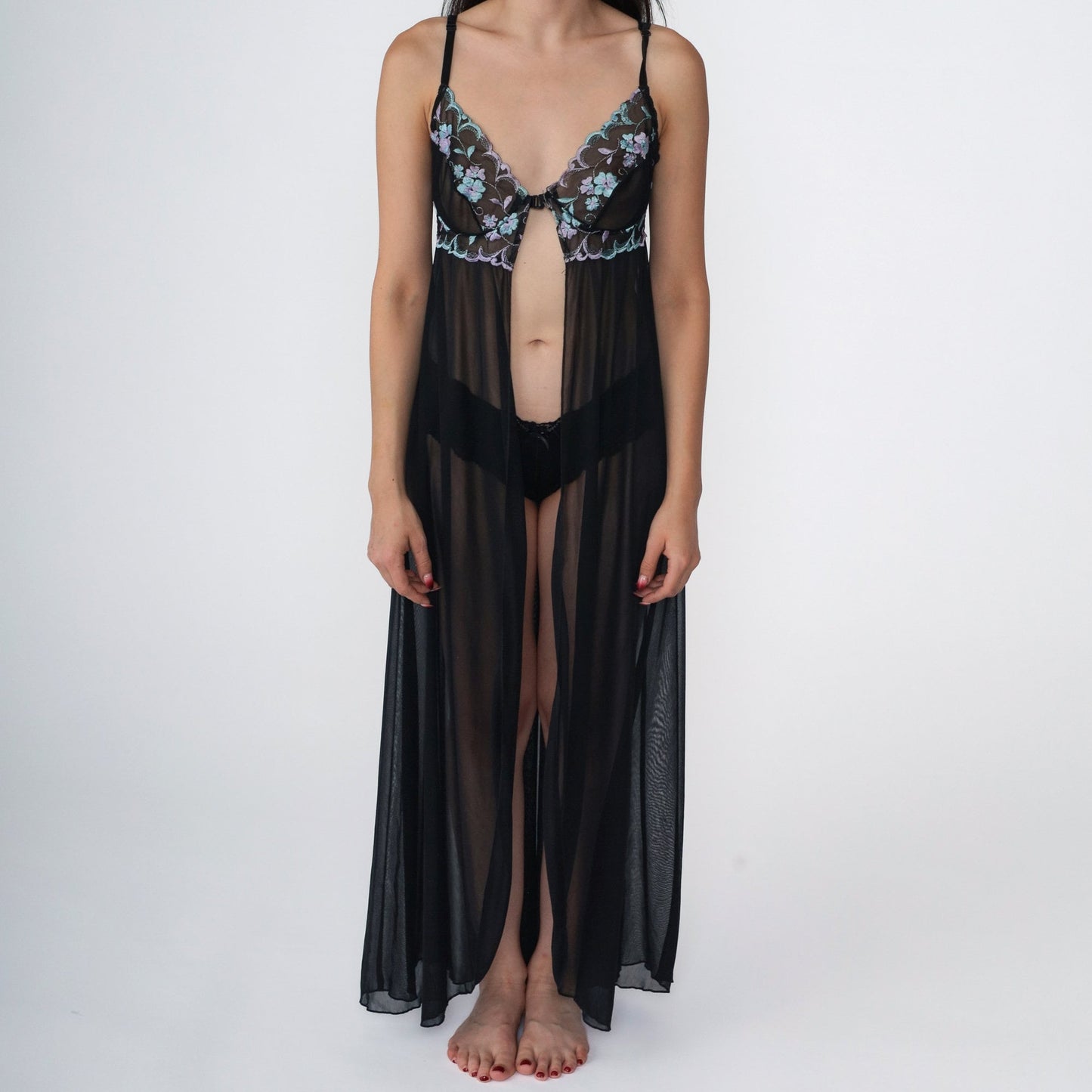 90s Faris Black Floral Embroidered Slip Nightgown Underwire Spaghetti Strap Medium