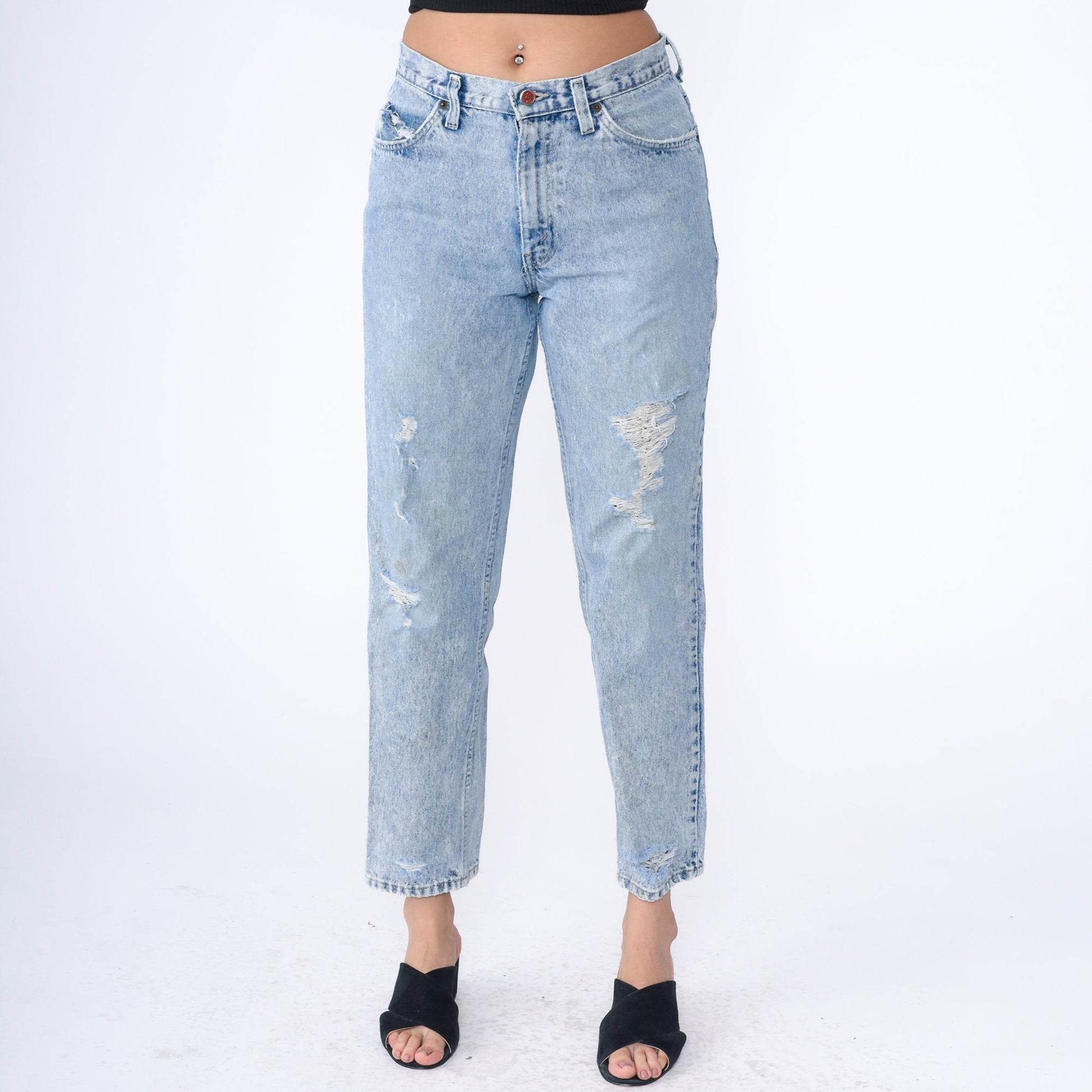 90s Brittania Ripped Mom Jeans Light Blue Denim Tapered Small