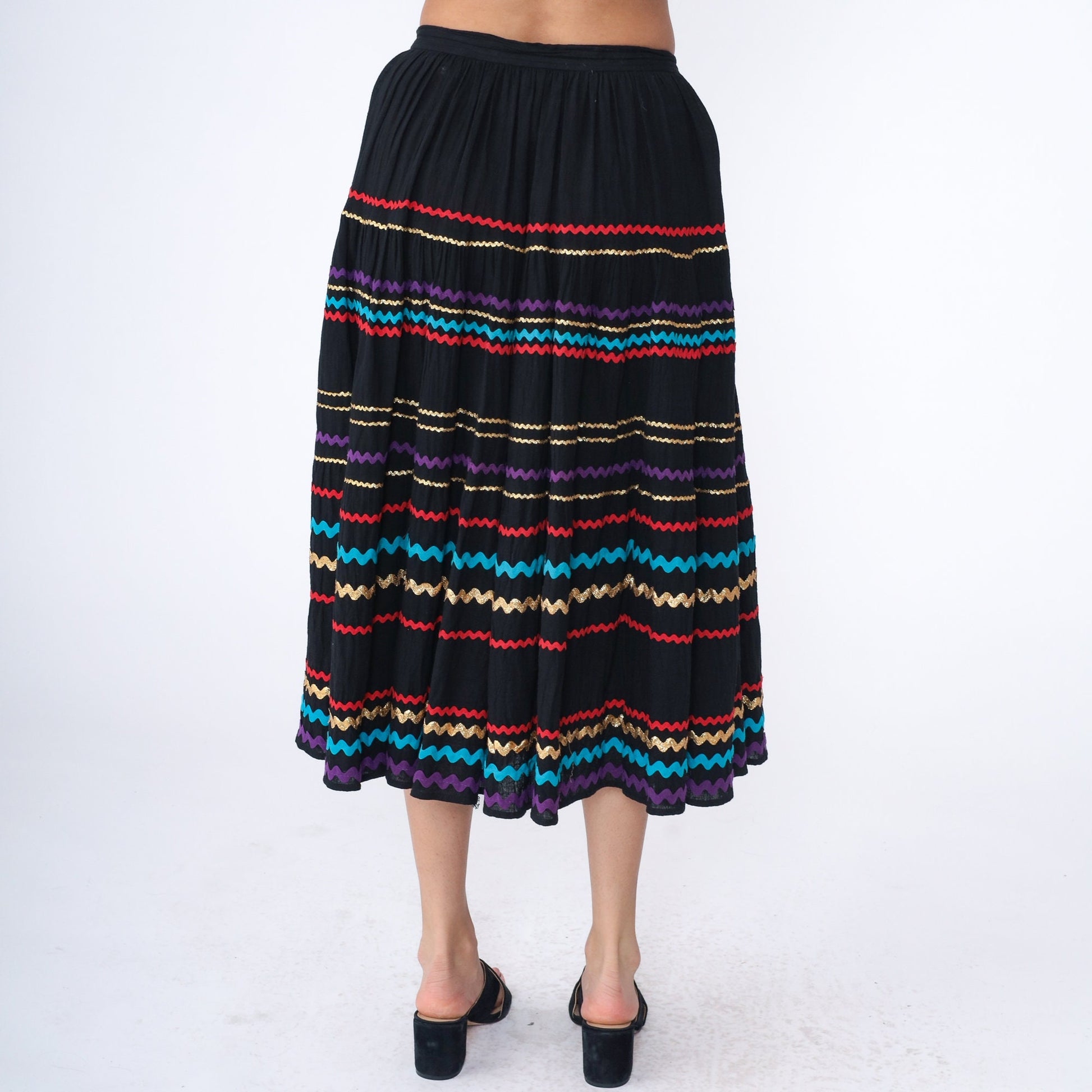 80s Goldwater's Midi Skirt Black Cotton Ric-Rac Striped High Waist Medium