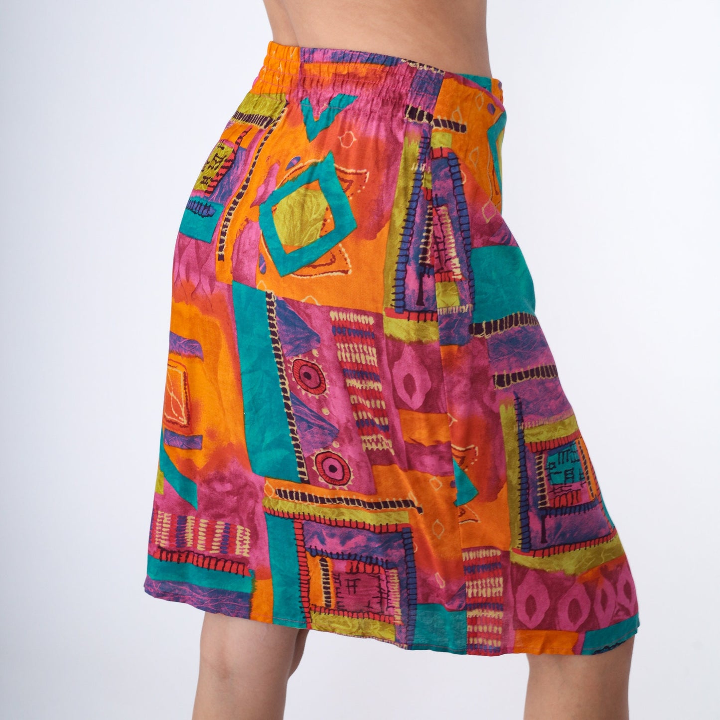 90s Geometric Wrap Skirt Midi Rayon Colorful Print Large 14