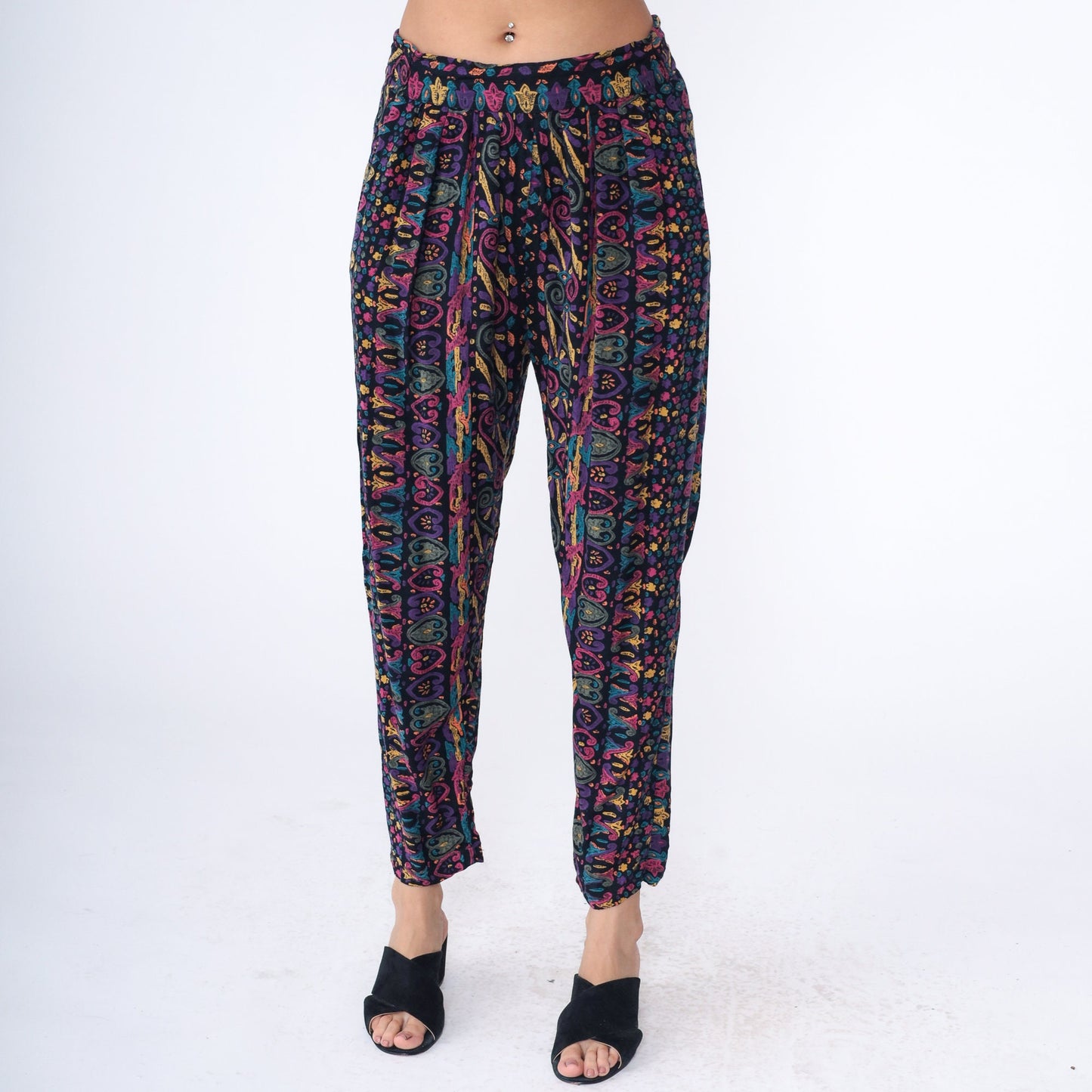 90s Black Rayon Tapered Pants Abstract Heart Geometric Print High Waist Medium