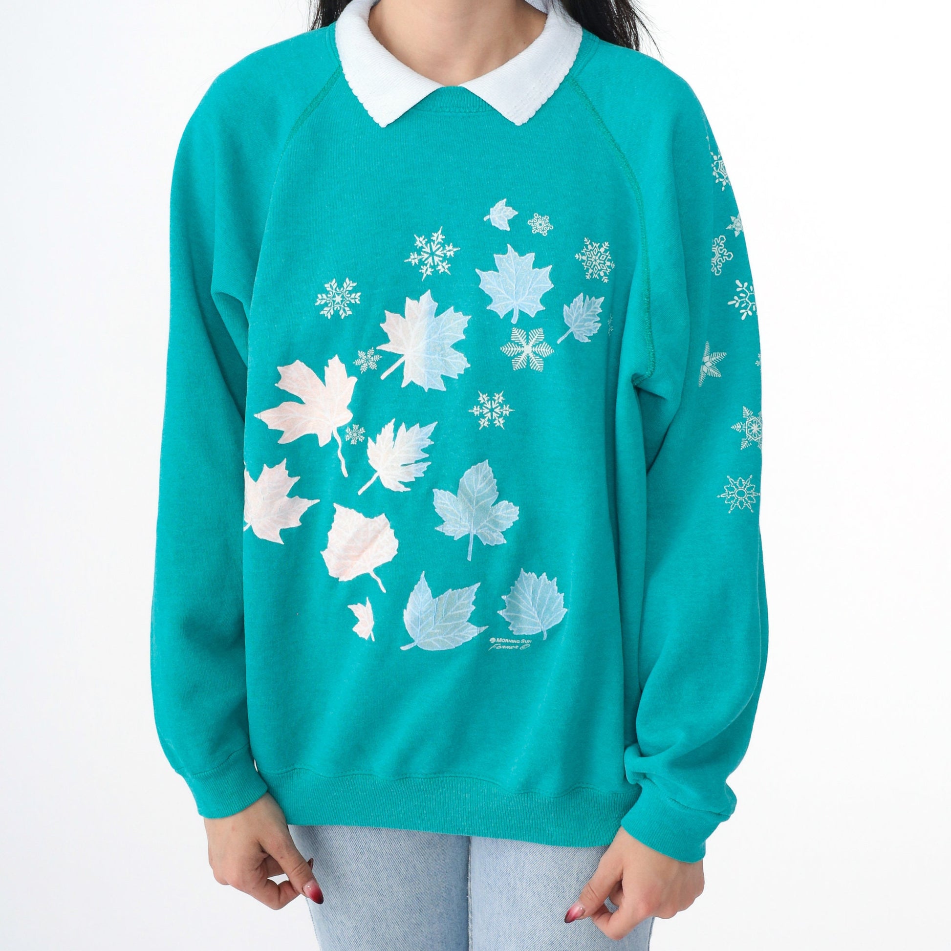 90s Leaf Snowflake Print Sweatshirt Teal Green Graphic Crewneck Large