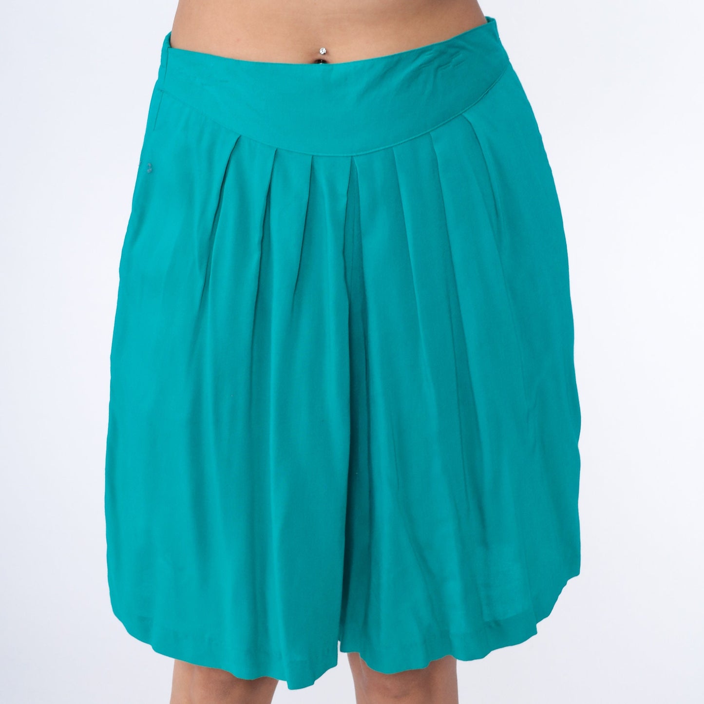90s Teal Pleated Wide Leg Shorts High Waist Culotte Bermuda Large L