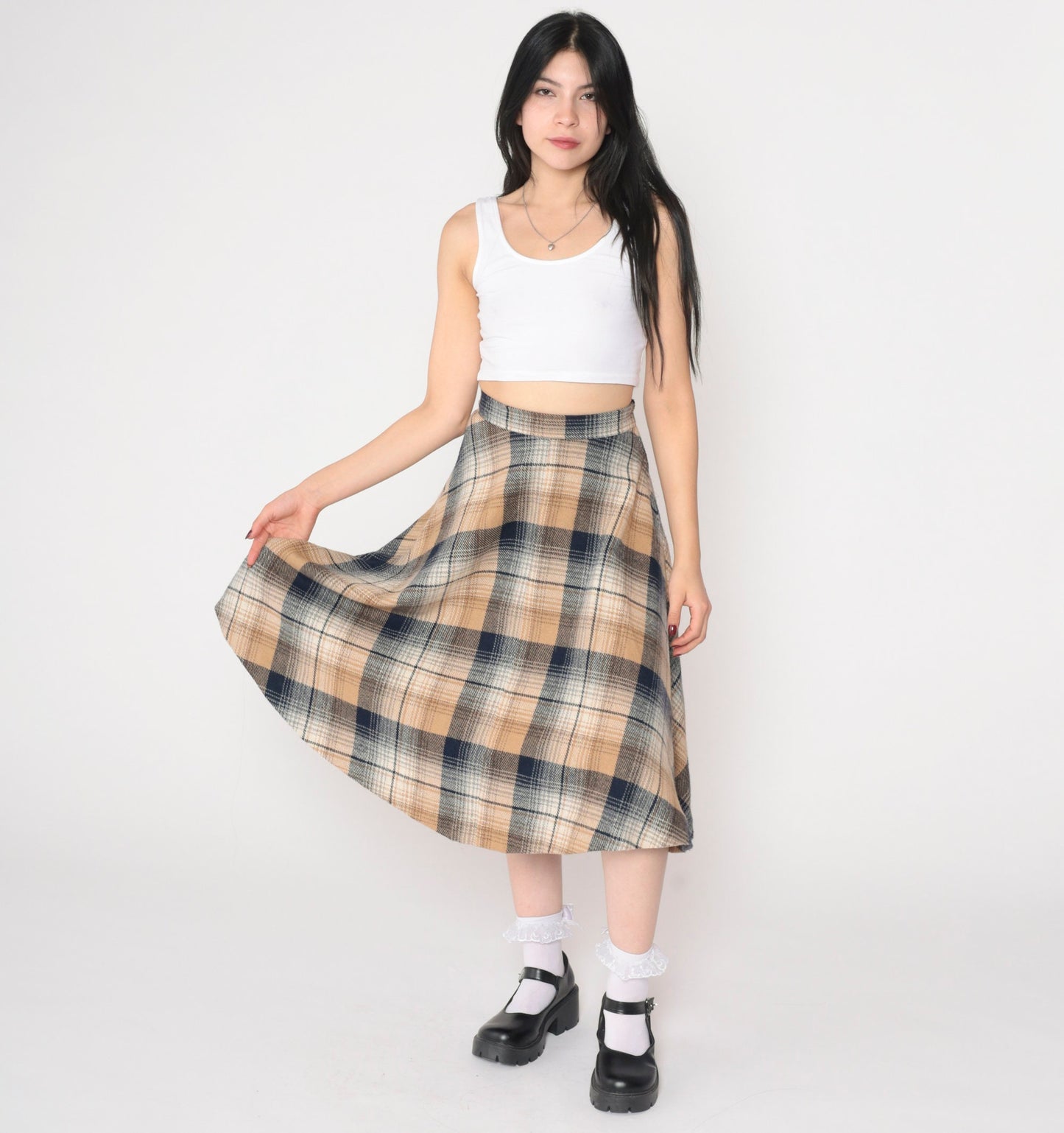 70s Plaid Midi Skirt High Waisted A-Line Tartan Navy Tan Extra Small