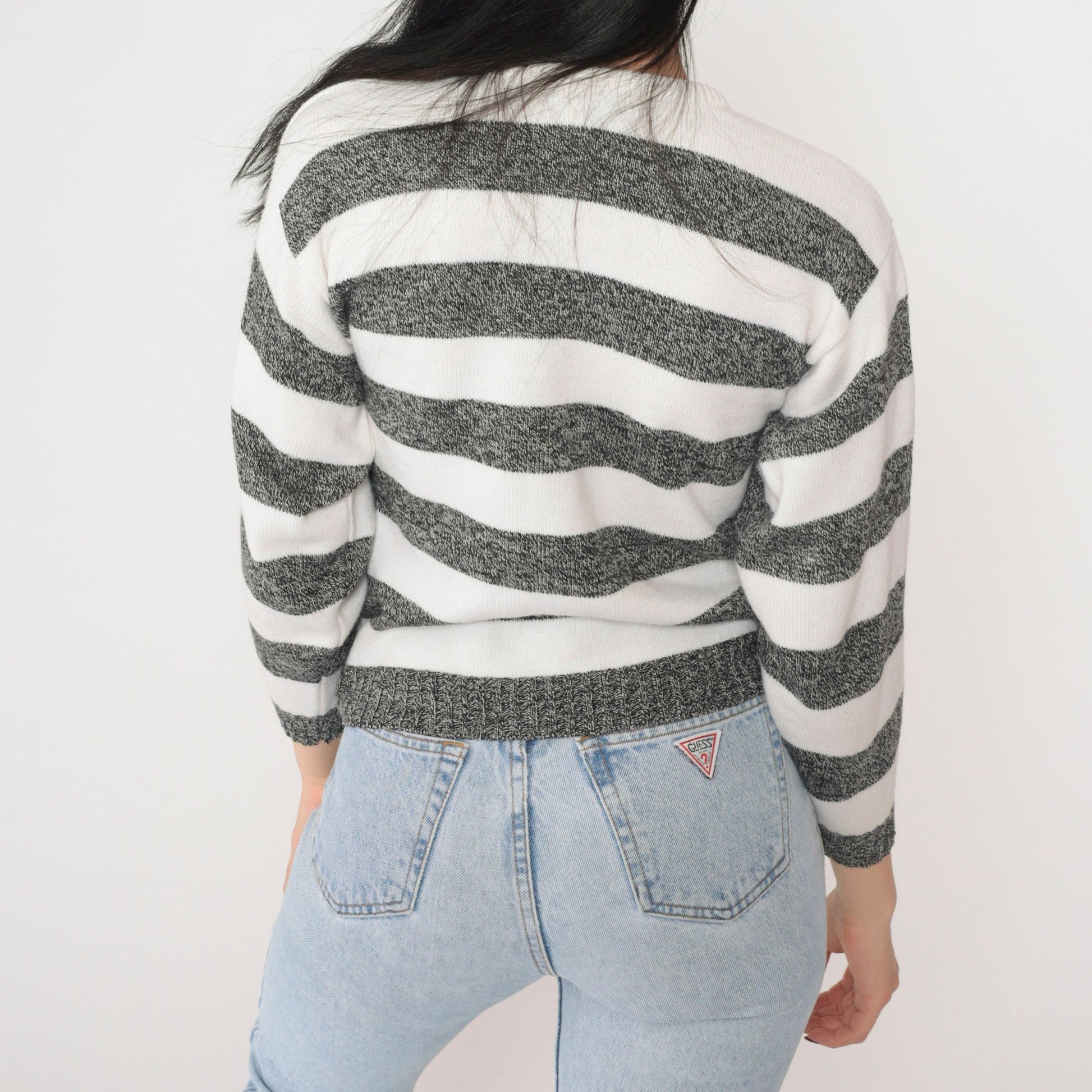 90s Jonathan Cass Striped Knit Sweater White Black Crewneck Small