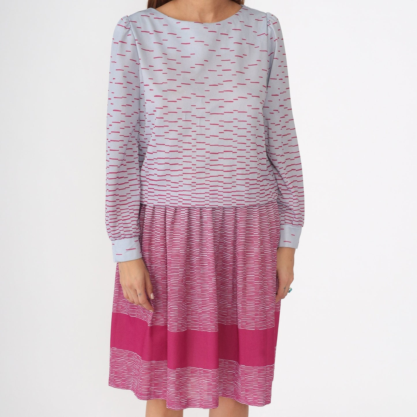 80s Puff Sleeve Midi Dress Periwinkle Hot Pink Drop Waist Small Medium