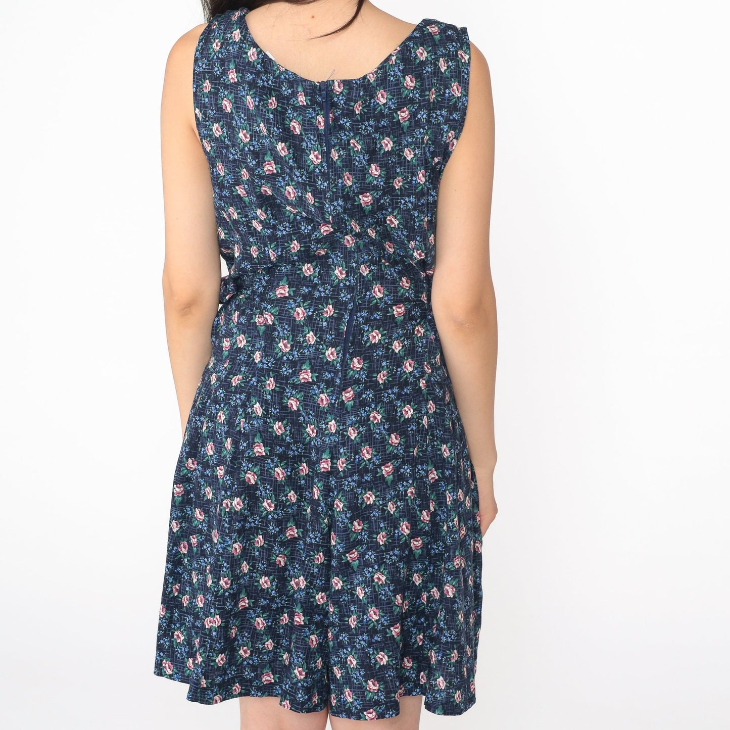 90s Navy Floral Rayon Mini Dress Sleeveless Side Tie Scoop Neck Large 12