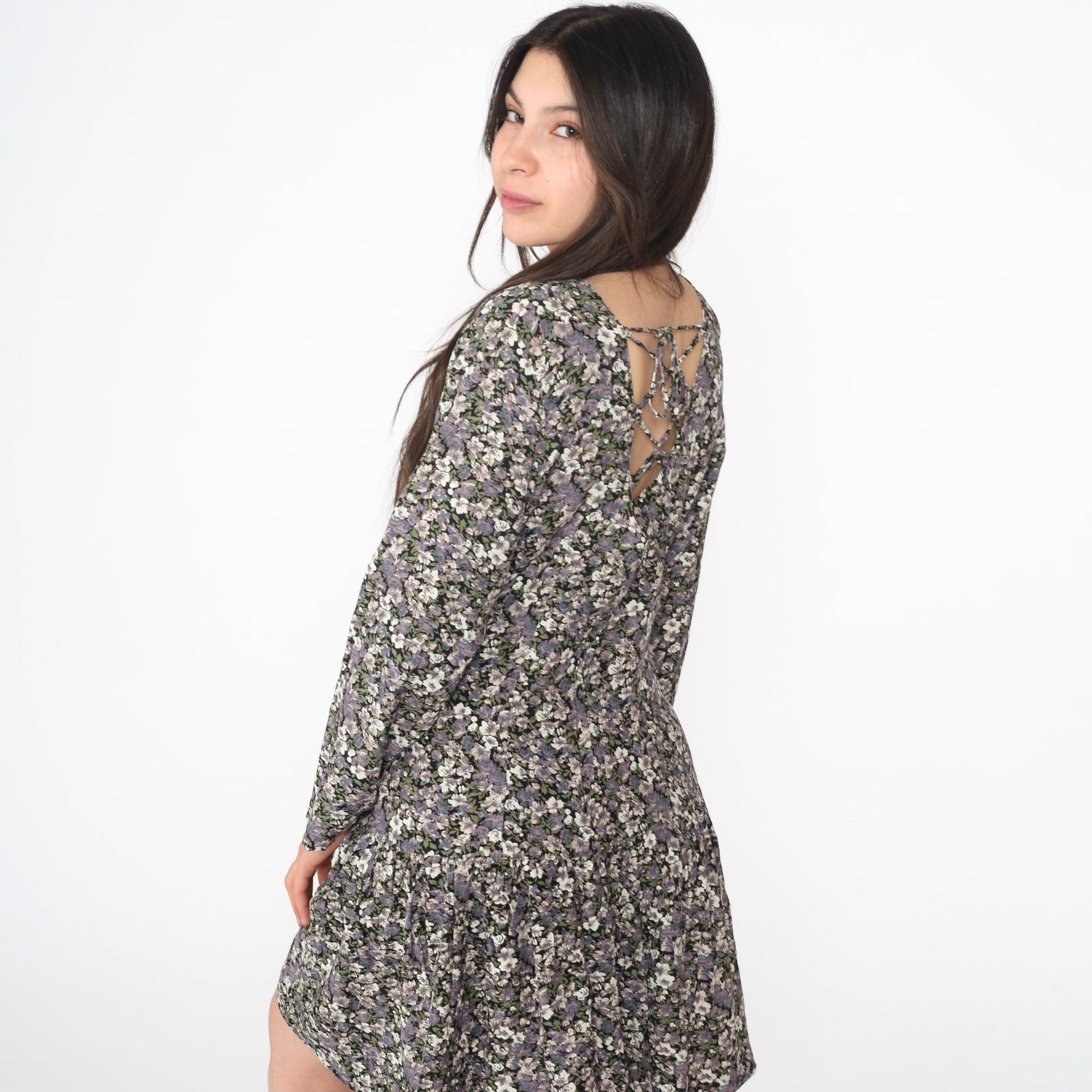 90s Floral Mini Dress Lace-Up V Back Drop Waist Long Sleeve Medium