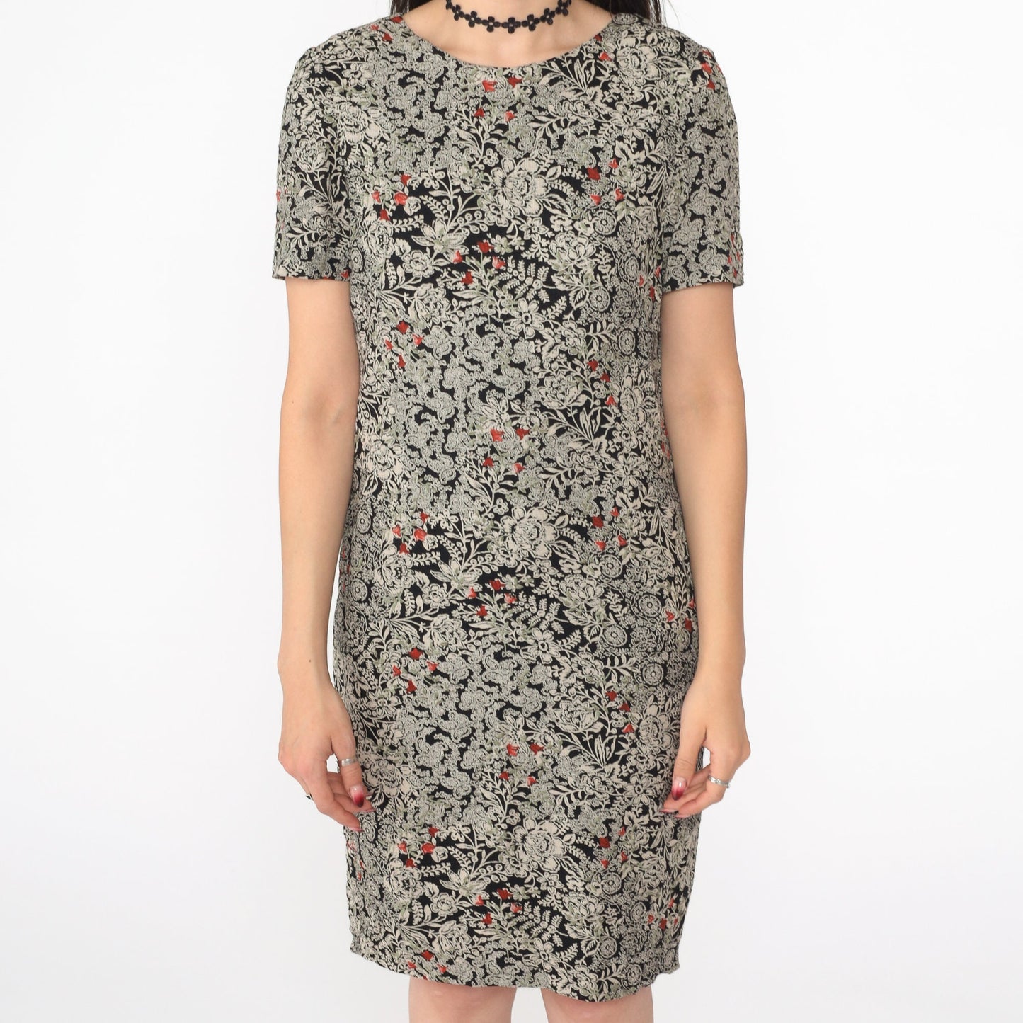90s Liz Claiborne Floral Mini Dress Black Shift Short Sleeve Extra Small
